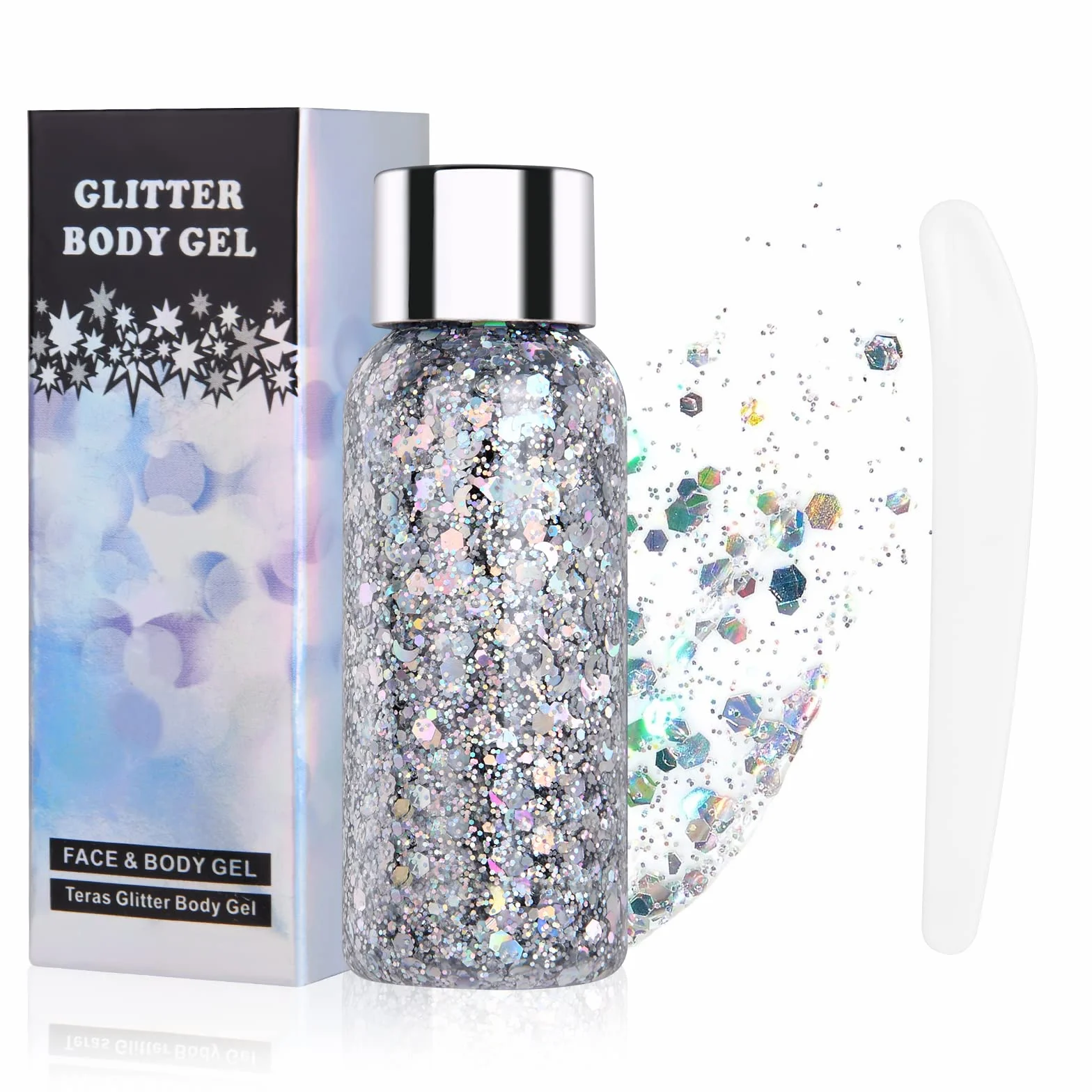 URAQT 1pcs Glitter Corpo e Viso per Unghie, Occhi, Labbra, Capelli - Gel Chunky per Musica, Festival, in Maschera(Argento)