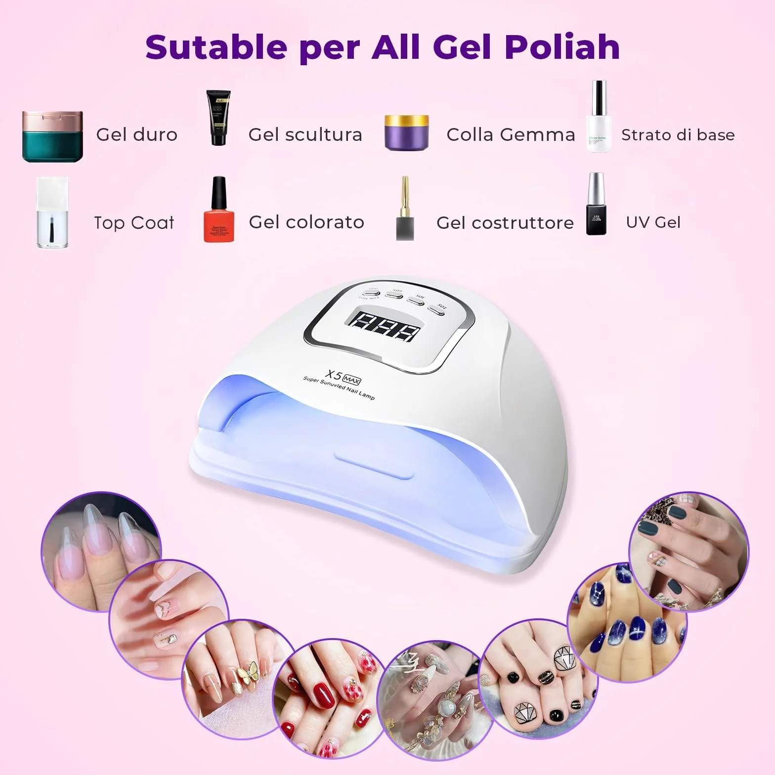 Lampada UV per Unghie 150W Portatile LED Asciuga Smalto Sensore Doppia Velocità 4 Timer Display LCD Fornetto Manicure Bianco