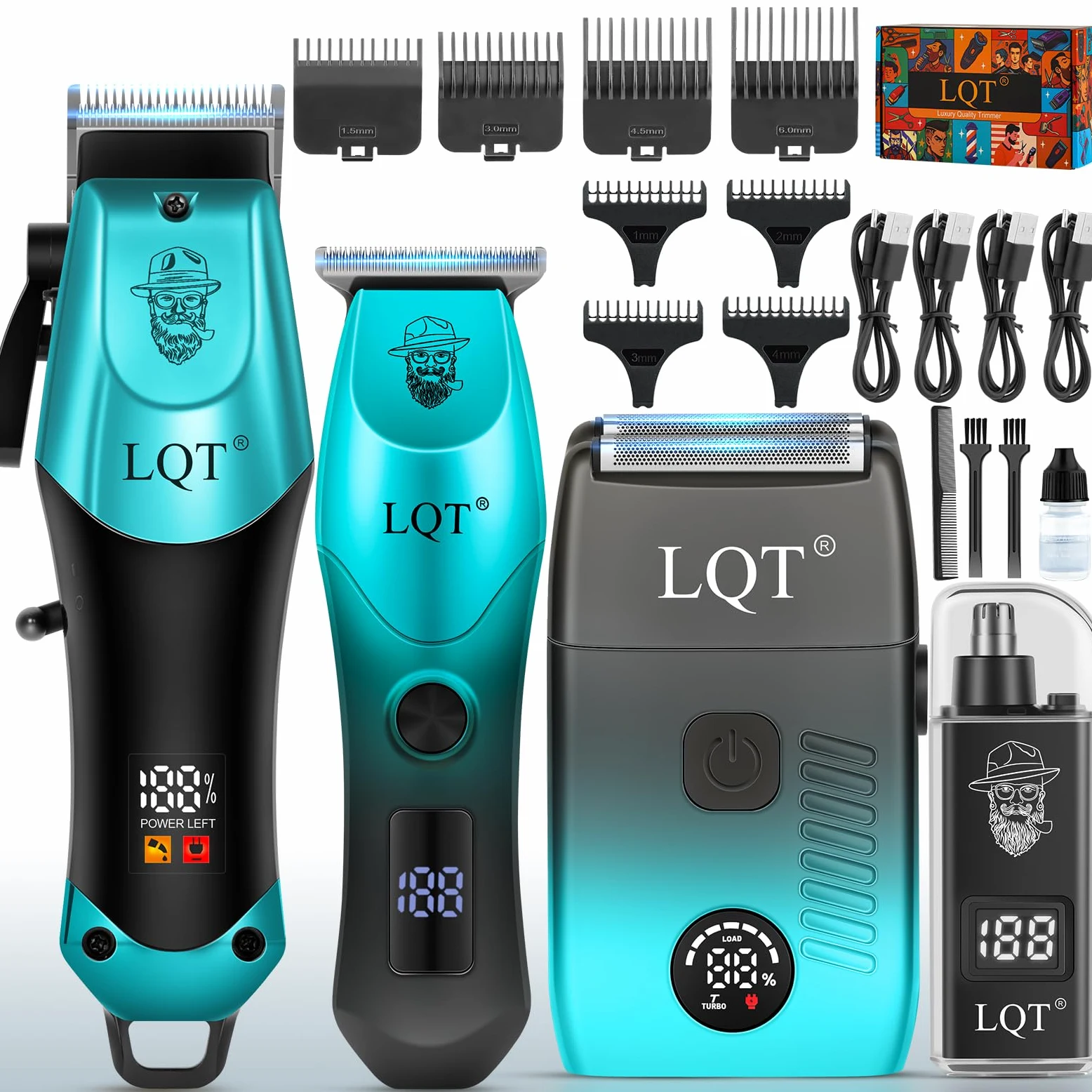 Kit tagliacapelli da uomo 4 in 1, include tagliacapelli per naso, rasoio elettrico e trimmer per incisione, set di toelettatura ricaricabile USB wireless, design blu sfumato, regalo ideale per gli