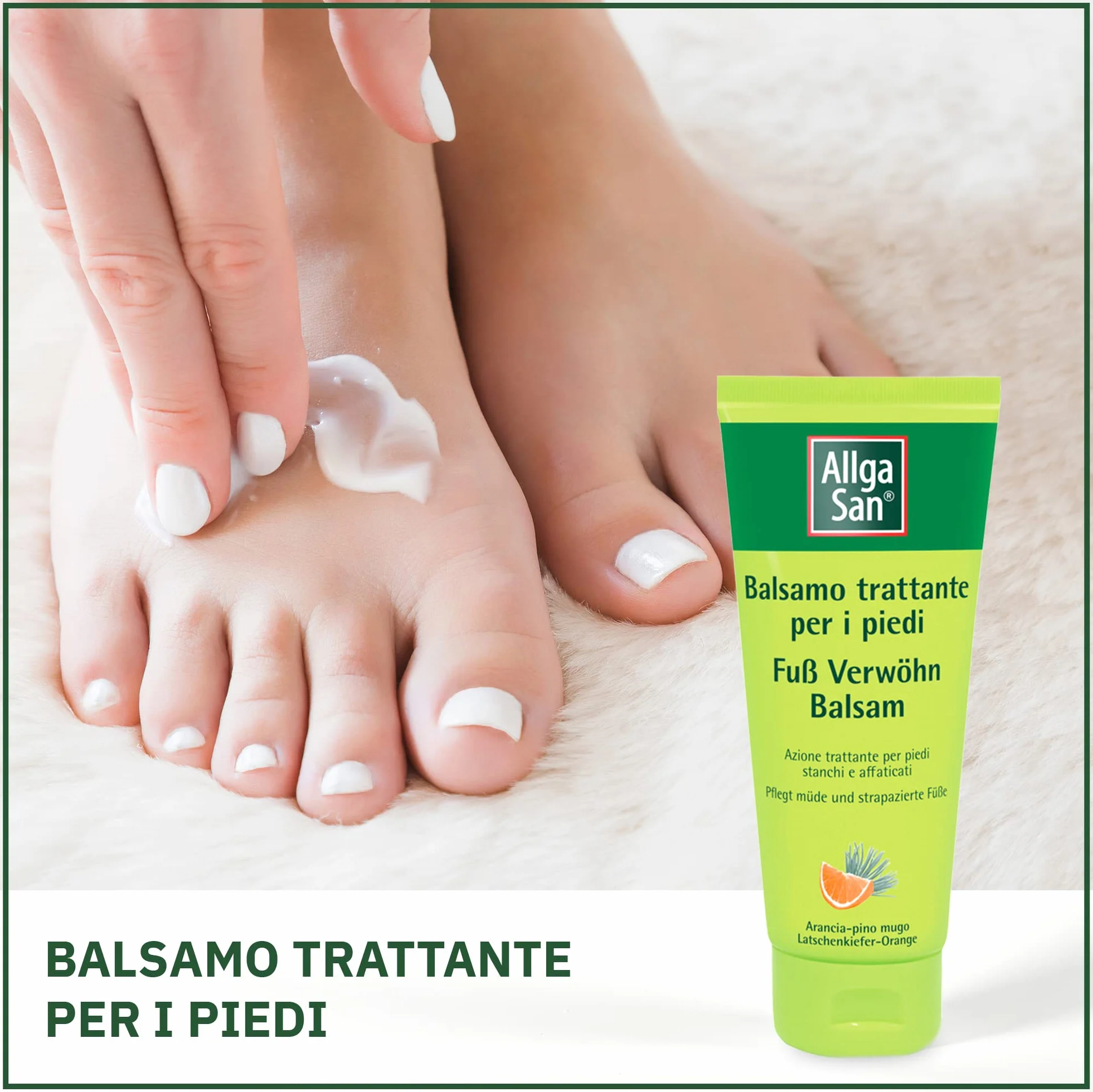 Allga San Balsamo Trattante per Piedi - Crema Piedi Secchi Screpolati 100 ml, Trattamento Cosmetico, Idratante e Nutriente per Sollievo a Piedi Stanchi e Appesantiti, con Pino Mugo e Arancia