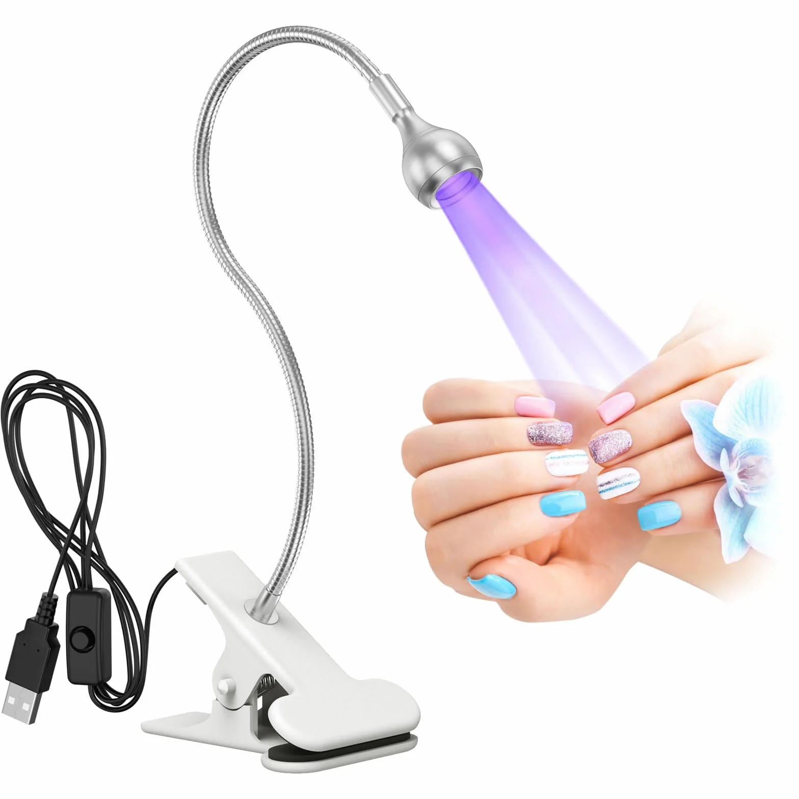 Lampada UV per Unghie Professionale 3W LED Mini 360° Testa Regolabile USB Argento