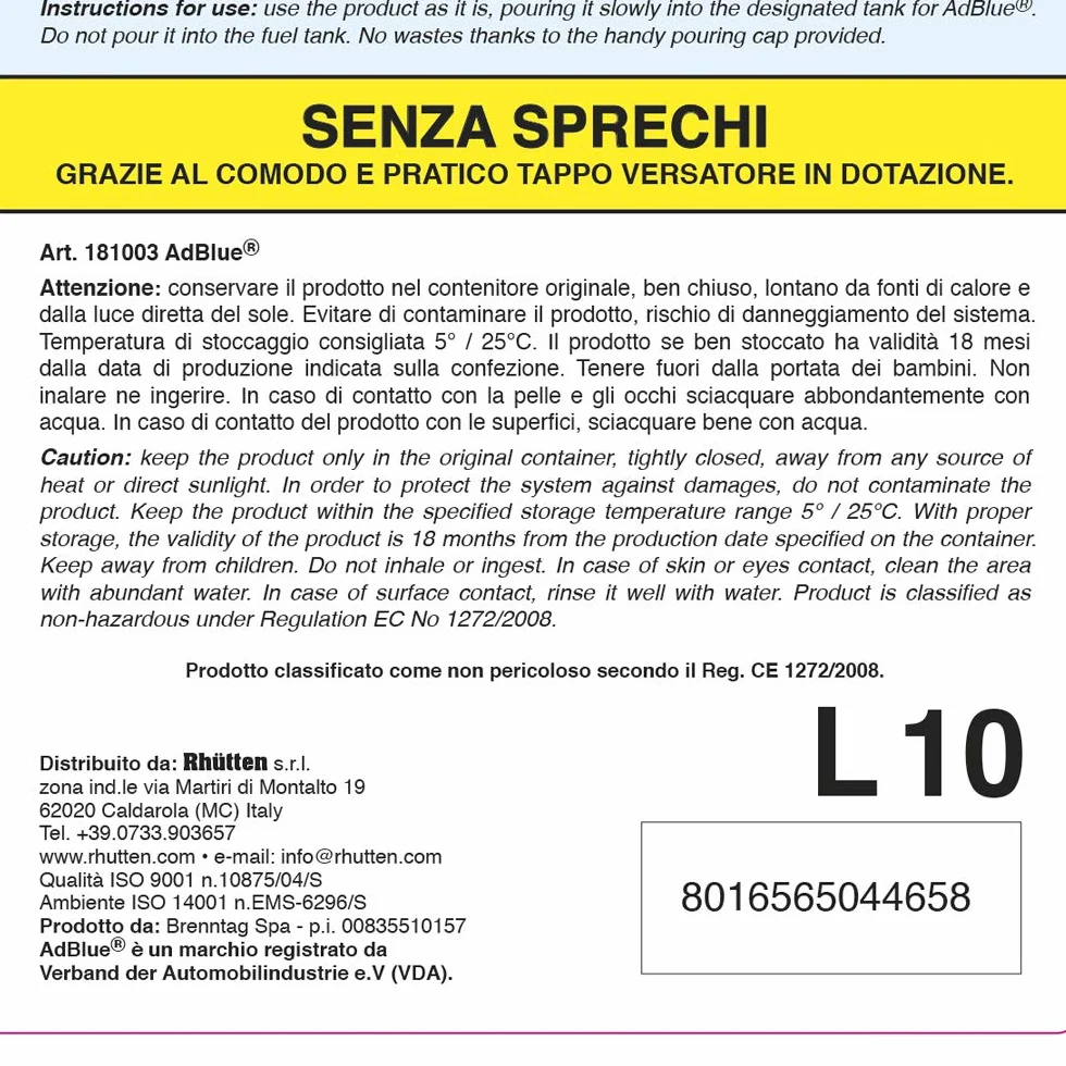Basf AdBlue Additivo di Sintesi Urea Purissima ISO 22241 10L per Motori Diesel Euro 6