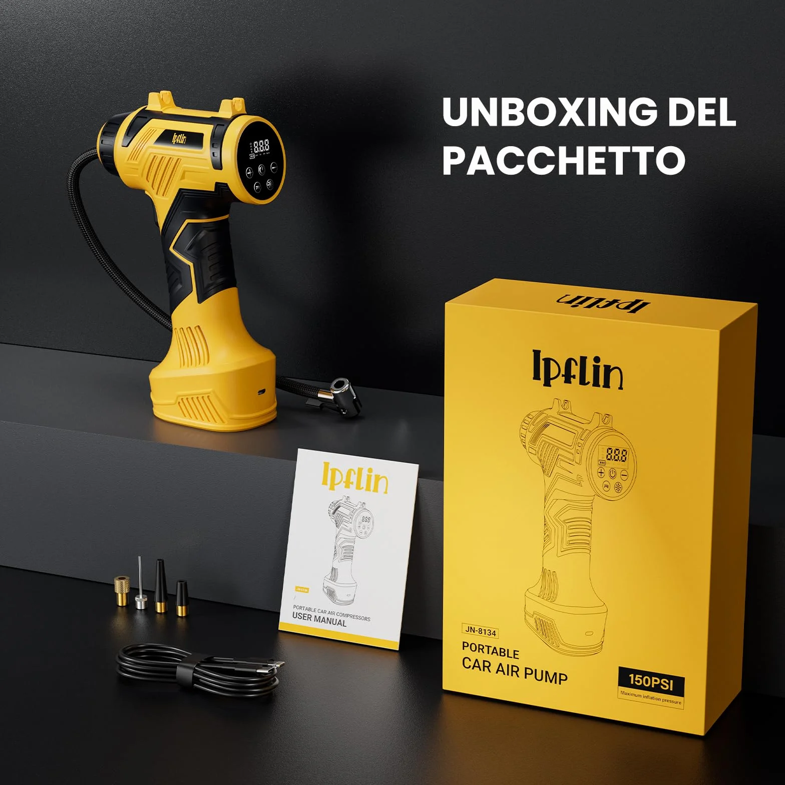Compressore Aria Portatile Senza Fili 150PSI 22L/Min Gonfiatore Pneumatici Auto Batteria Ricaricabile Spegnimento Automatico Display LED 4 Modalità