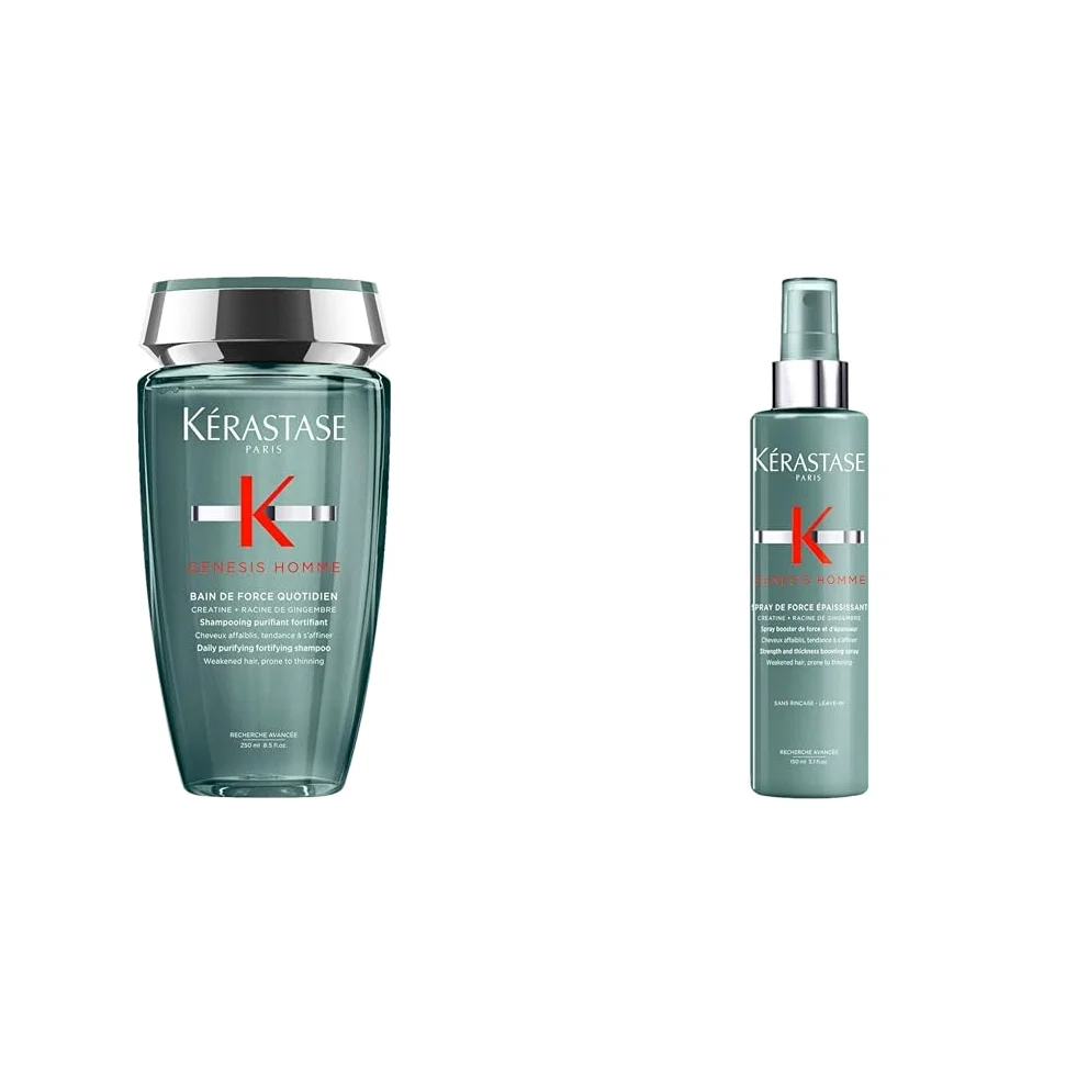 Kérastase, Genesis Homme, Shampoo Force Quotidien 250 ml + Spray Fortificante 150 ml + Siero per Capelli Indeboliti 90 ml + Cera Ispessente Texturizzante 75 ml