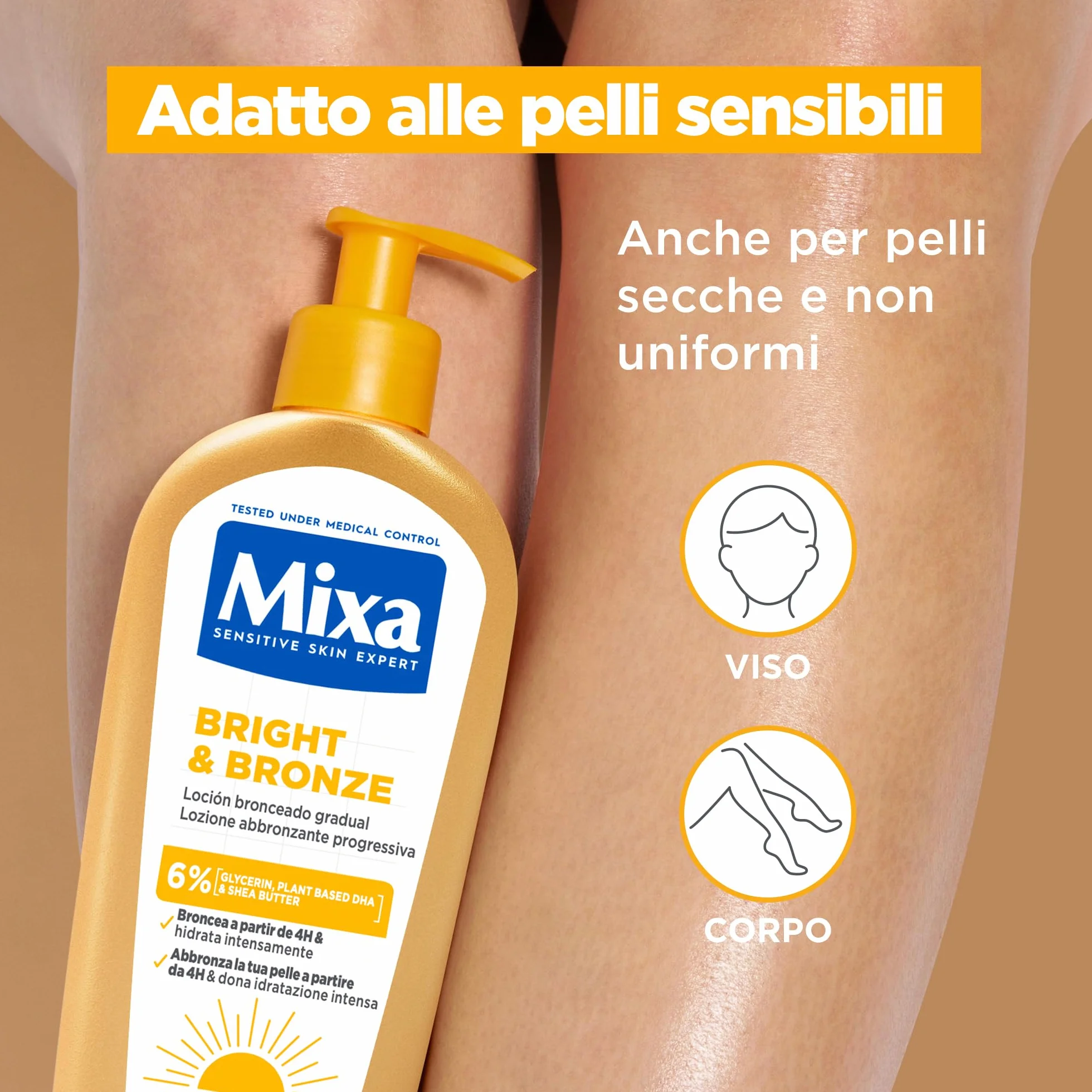 Mixa Lozione Abbronzante Viso Corpo 250 ml Carnagioni Chiare Medie Abbronzatura Progressiva Naturale DHA Vegetale Glicerina