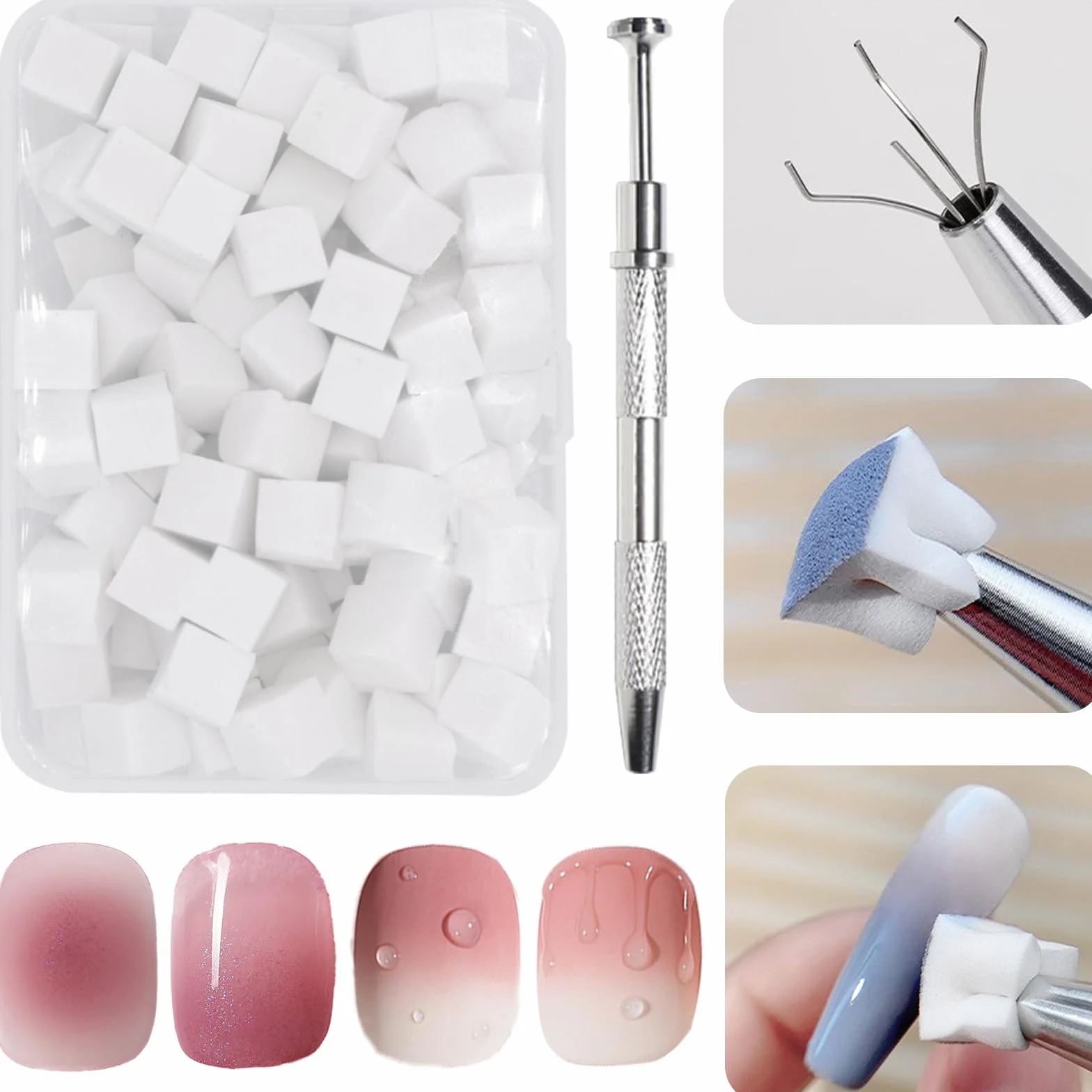 Set Nail Art Spugna 100 Pezzi con Pinza Metallica, Pennelli per Unghie Ombre Design