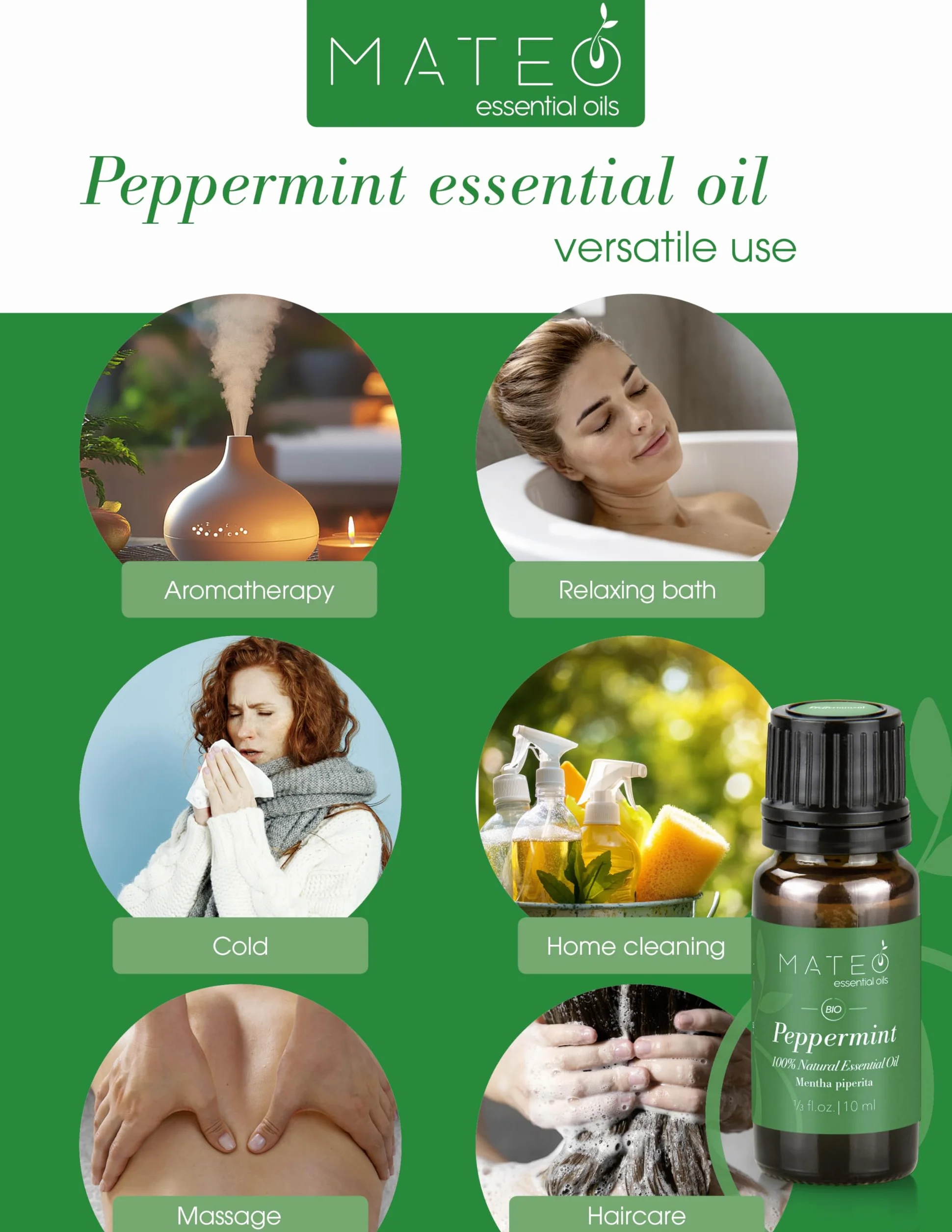 Olio Essenziale di Menta Piperita 100% Puro Naturale Qualità Terapeutica Aromaterapia 10 ml