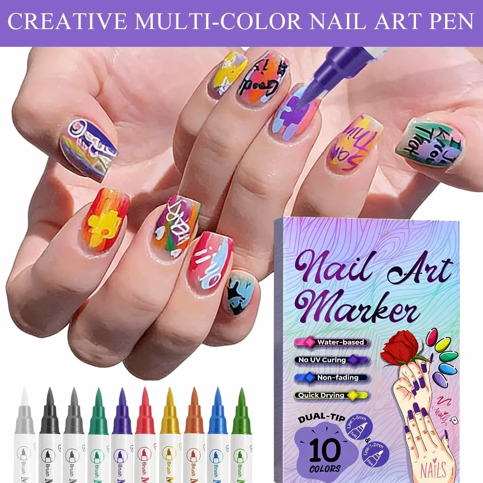 10 colori Penne Per Nail Art Punta, 3D Nail Art Pen, Adatto per il design di nail art fai-da-te, per dipingere e per l'artigianato