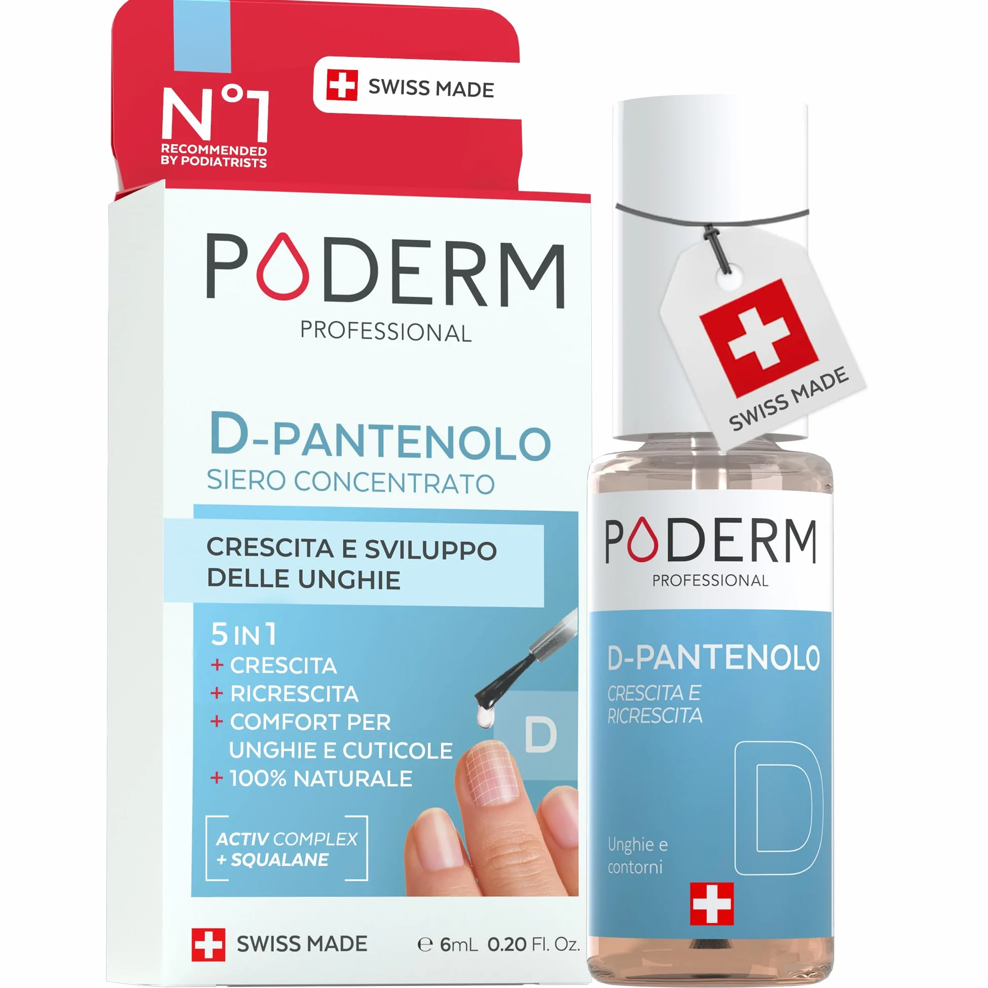 Poderm 5 in 1 Siero Booster Unghie - D-Pantenolo | Trattamento Rinforzante & Crescita per Unghie Fragili - 6 ML | Favorisce Limita la Rottura | 100% Naturale - Sviluppato da un Podologo in Svizzera