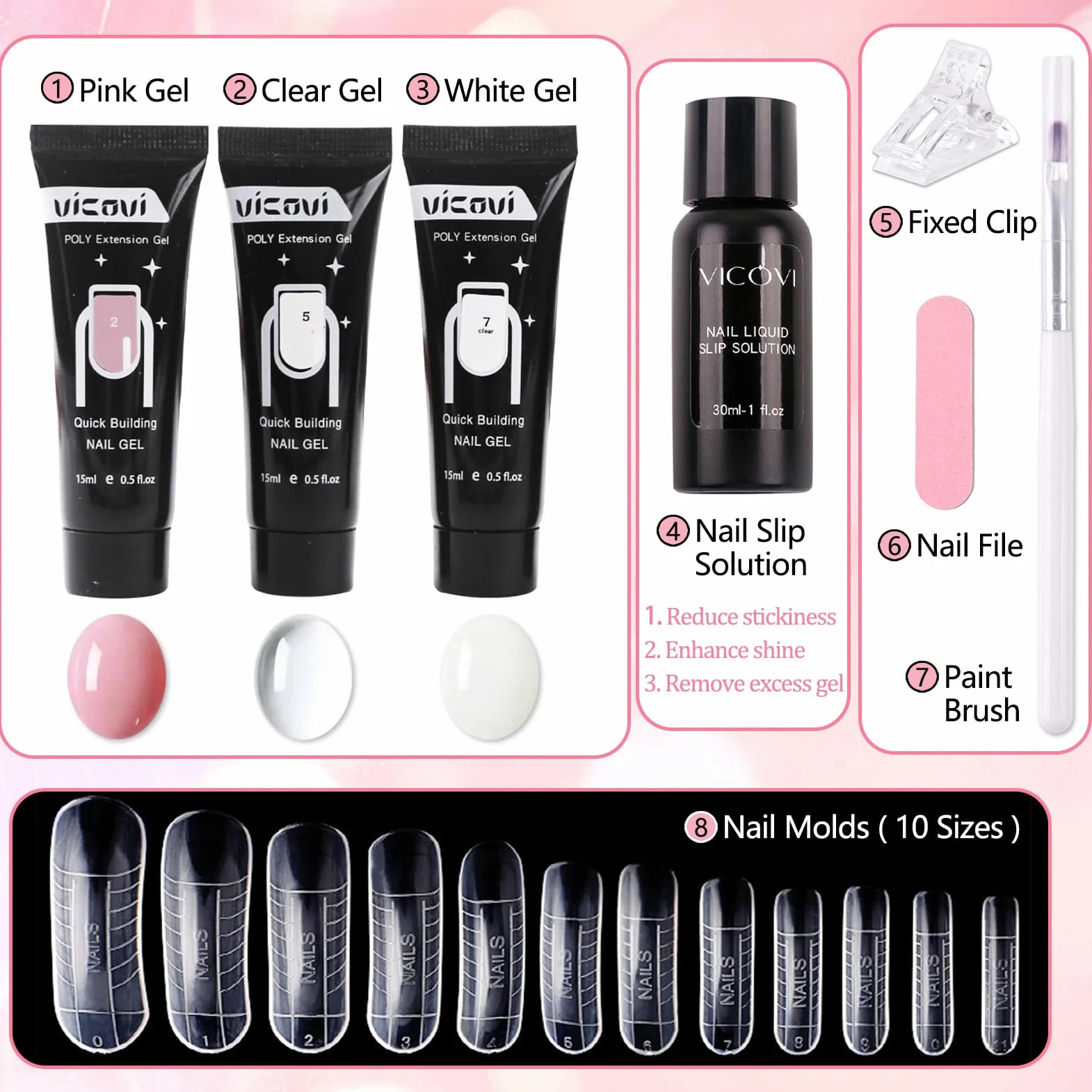 Gel costruttore Polygel for estensione unghie in gel - Rosa, bianco, trasparente con cartine rimovibili - Kit for nail art 3D for principianti