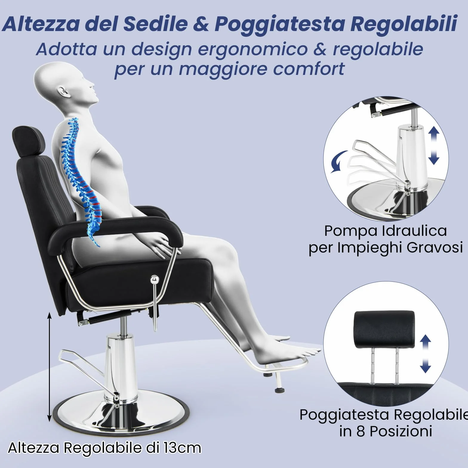 RELAX4LIFE Poltrona Parrucchiere, Sedia Barber 360° in Pelle PVC con Braccioli/Poggiapiedi, Schienale 100°-135°, Poggiatesta/Altezza Regolabile, Max 150KG per Salone (Nero, 106x60x(108-121) cm)