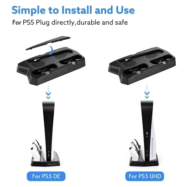 Base di ricarica per PS5 con ventola di raffreddamento e controller a 3 porte e supporto per vassoio di archiviazione