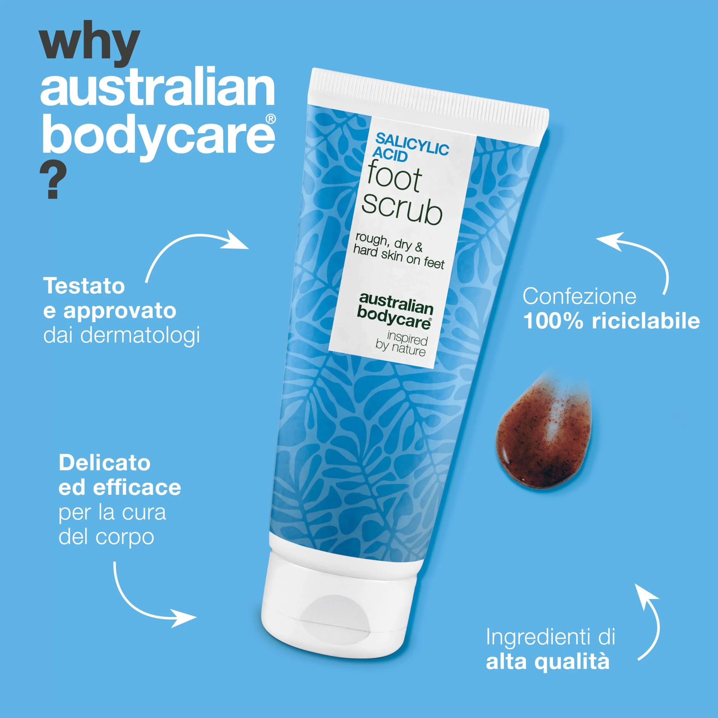 Scrub piedi esfoliante per talloni screpolati, calli, duroni e piedi secchi – peeling AHA/BHA con acido glicolico + acido salicilico e semi di albicocca, rimuove le cellule morte