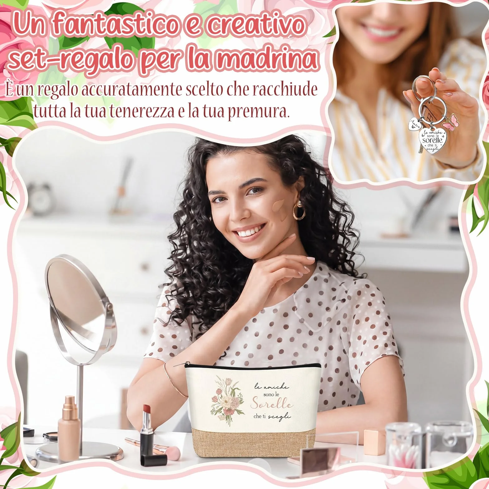 Jadive 3 Pezzi Set Regali da Fare alla Sorella Includere Pochette Cosmetica in Lino Patchwork Portachiavi Amicizia Penna a Sfera Legno per Donna Migliore Amica Compleanno Laurea Universitari Ufficio