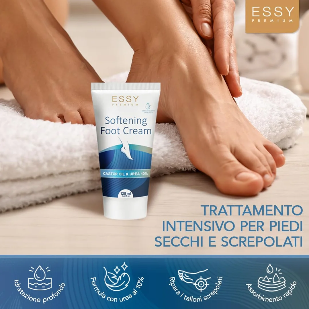 Essy Crema Piede, Crema Piedi Secchi Screpolati con Urea 10%, Idratante con Olio di Ricino per Piedi Ruvidi, Riparatore Talloni Screpolati per Nutrire e Ripristinare la Morbidezza, 125 ml