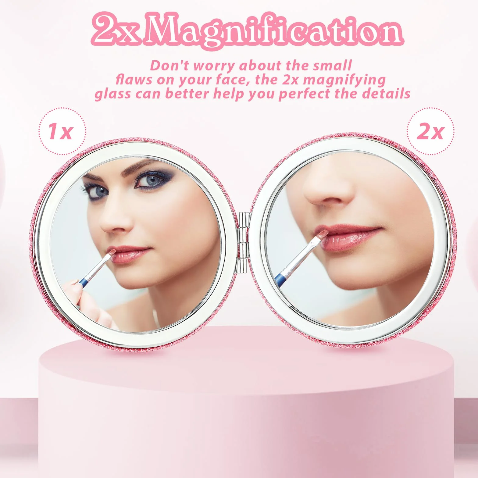 Andibro Specchio Compatto Tascabile Glitter Mini Rotondo per Trucco Pieghevole Palmare 2 Lati Ingrandimento 1x/2x Portatile per Donne Ragazze