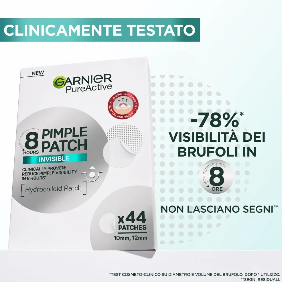 Garnier Pimple Patch Cerotti Idrocolloidali Invisibili Viso, Imperfezioni Ridotte in 8 Ore, Brufoli Visibilmente più Piatti, Adatti a Tutte le Tonalità di Pelle, Vegano, Pure Active, 44 Patch