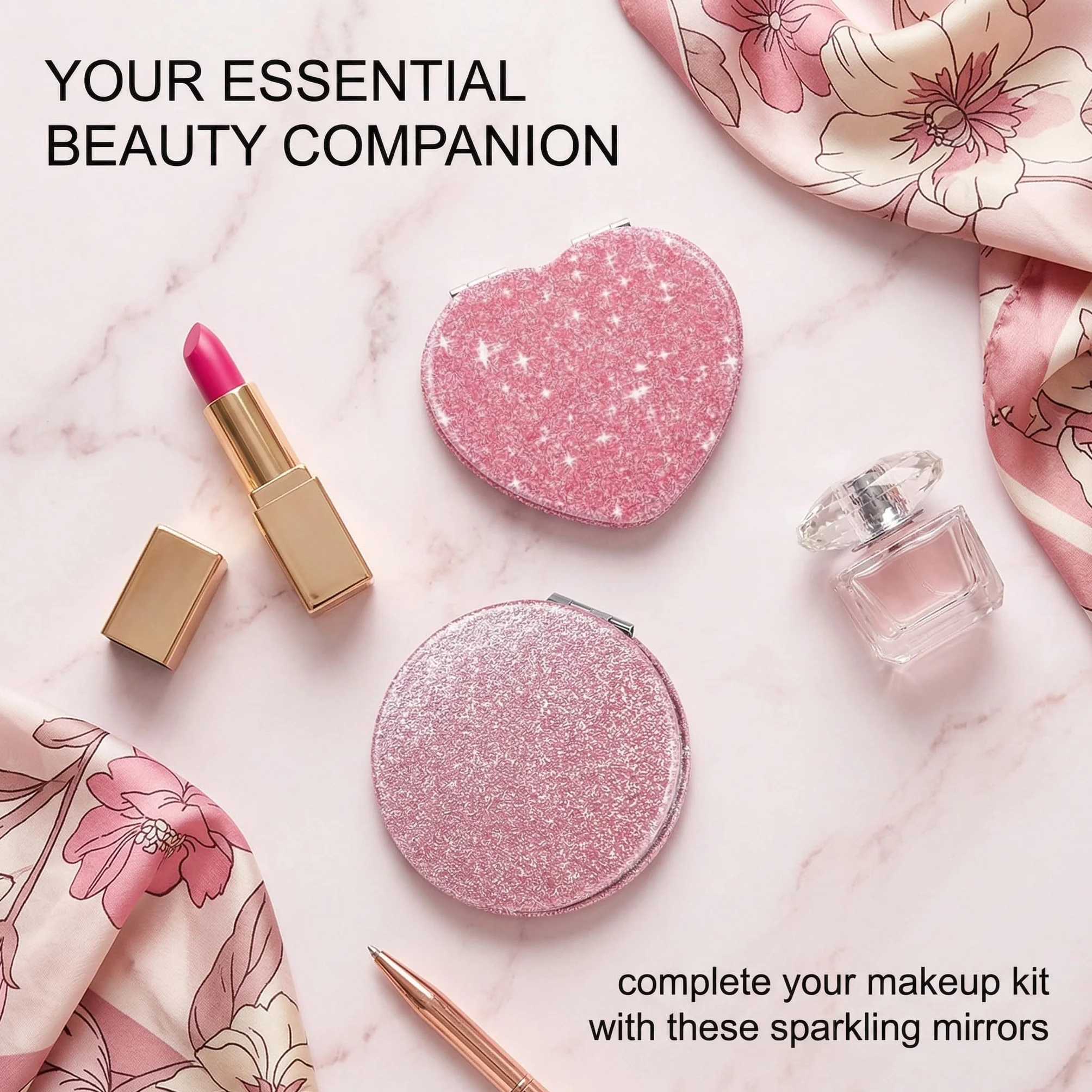 Specchietto da Borsetta Mini Glitter Specchio da Trucco Pieghevole Portatile 2 Lati 1x/2x Ingranditore Rosa