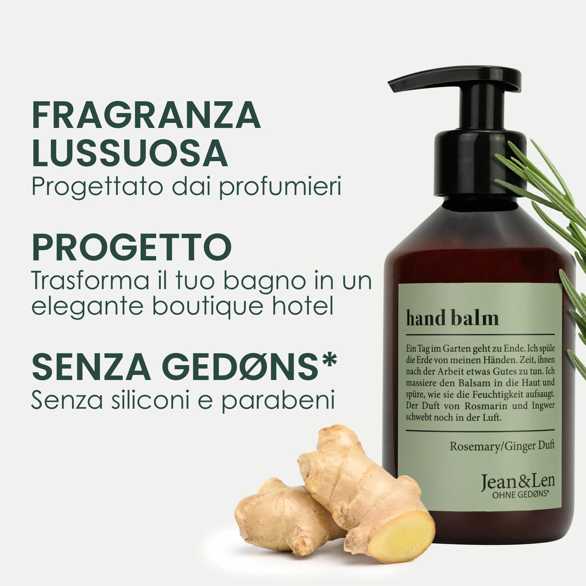 Jean & Len Balsamo Mani Rosmarino & Zenzero, con olio di argan bio, burro di karité e vitamina E per mani morbide, crema idratante per pelle secca, profumo fresco e aromatico, 250 ml