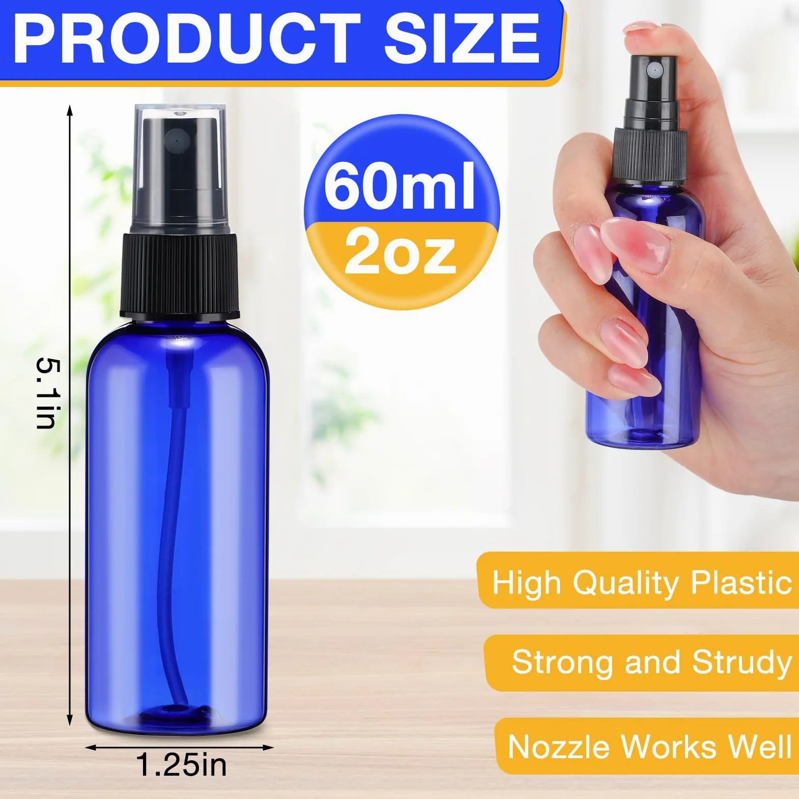 Zhehao 200 flaconi spray in plastica da 56,7 g, vuoti, per capelli, da viaggio, ricaricabili, con tappi a pompa a coste, per oli essenziali, profumi, cura della pelle, pulizia (blu)
