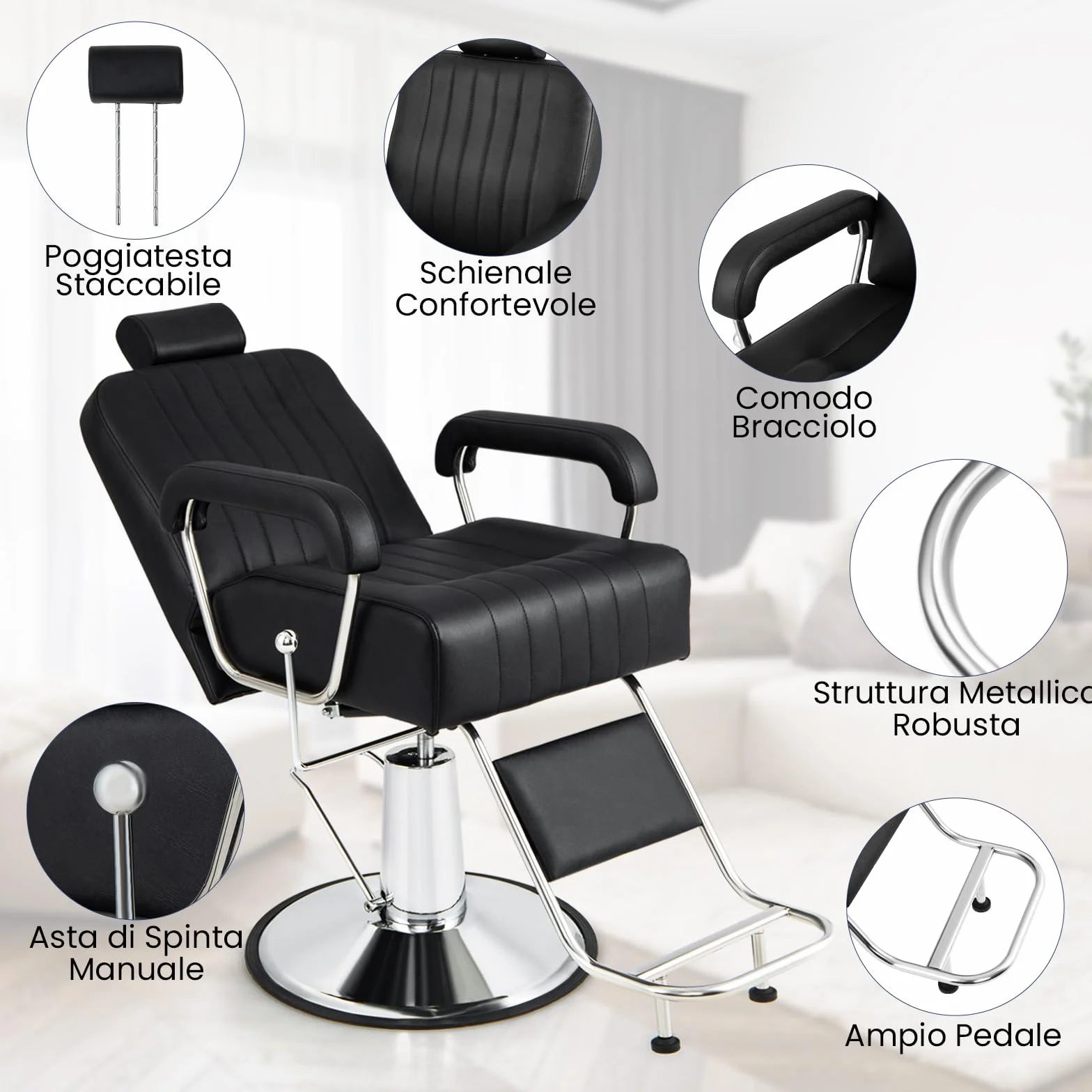 RELAX4LIFE Poltrona Parrucchiere, Sedia Barber 360° in Pelle PVC con Braccioli/Poggiapiedi, Schienale 100°-135°, Poggiatesta/Altezza Regolabile, Max 150KG per Salone (Nero, 106x60x(108-121) cm)