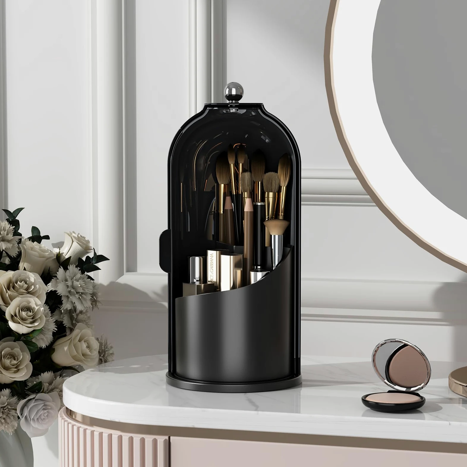 Porta pennelli da Trucco con Coperchio, Girevole a 360°, Organizer per Cosmetici da appoggio, Antipolvere, per Bagno, Trasparente (Nero Scuro)