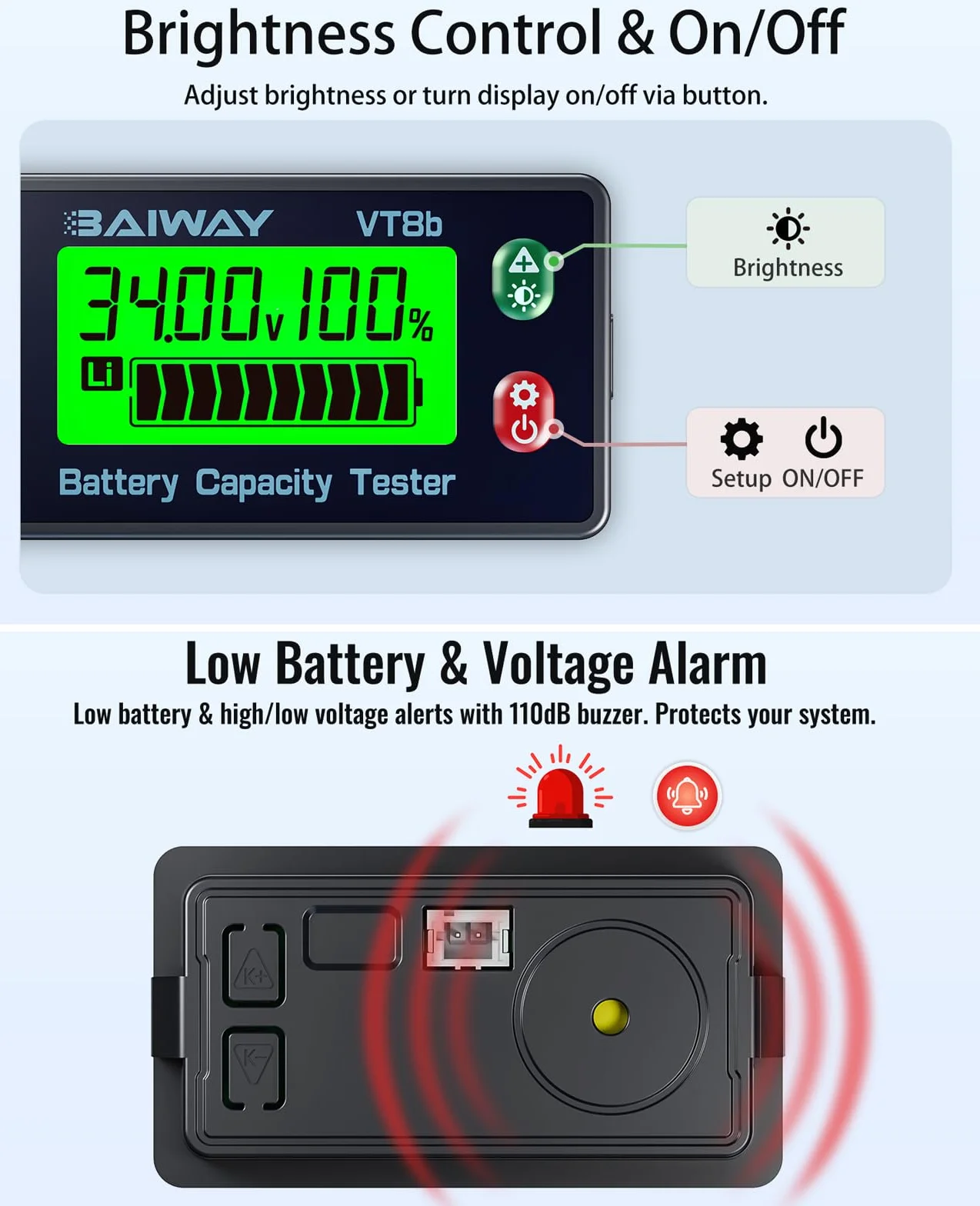 Monitor Batteria 8-120V Voltmetro Digitale Indicatore Capacità Percentuale ±1% Display LCD Retroilluminato Allarme 110dB Tester Litio LiFePO4 Piombo Camper Auto Moto Barca