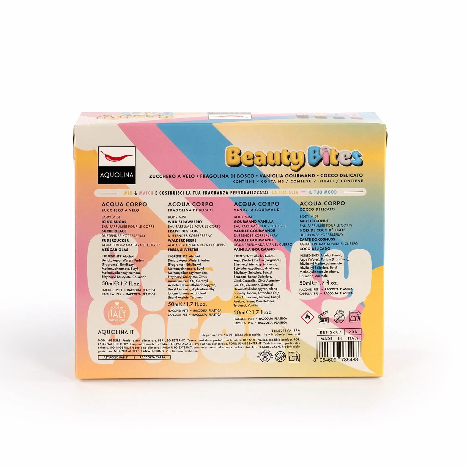 AQUOLINA BEAUTY BITES - Acqua profumata corpo Zucchero a Velo, Fragolina di Bosco, Vaniglia Gourmand, Cocco Delicato. Formato 50 ml