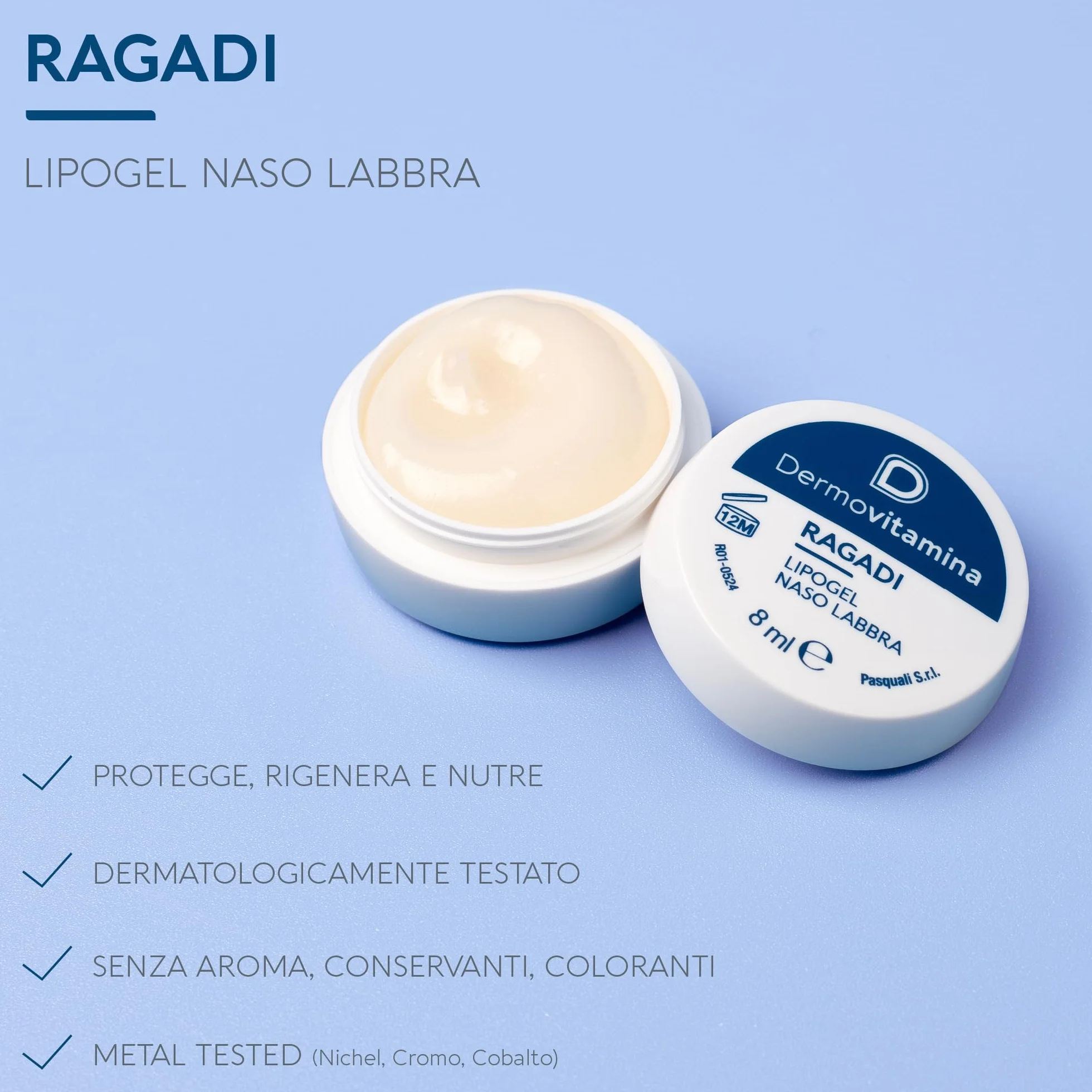 Dermovitamina Ragadi Naso Labbra - Lipogel per Naso e Lembi Screpolati - Balsamo Labbra Riparatore - Idrata e Nutre in Profondità - Formula Delicata Senza Aroma - 8 ml