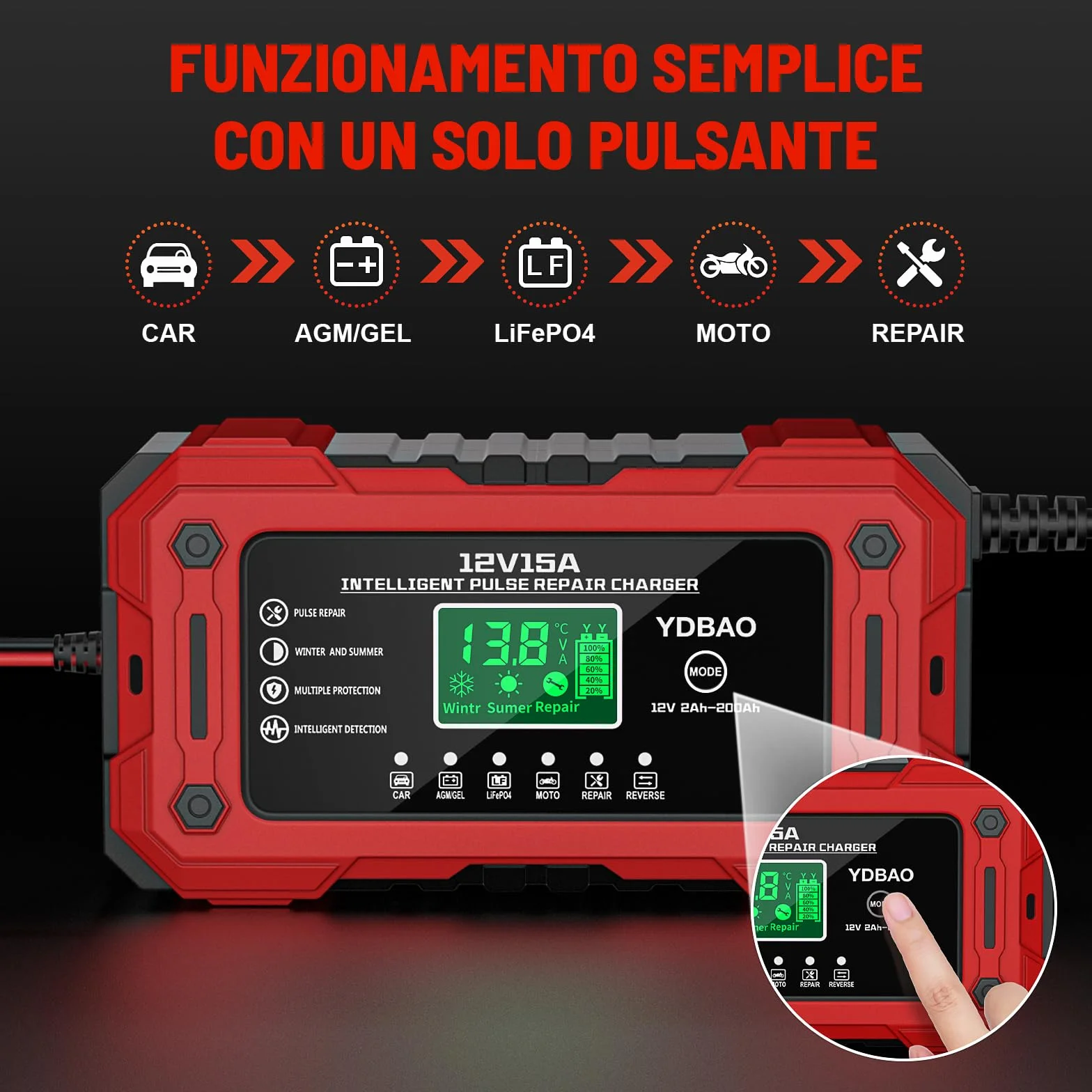 Caricabatteria per Auto 12V 15A Intelligente Automatico con Display LCD Compensazione Temperatura per Moto Auto Batteria AGM Barche