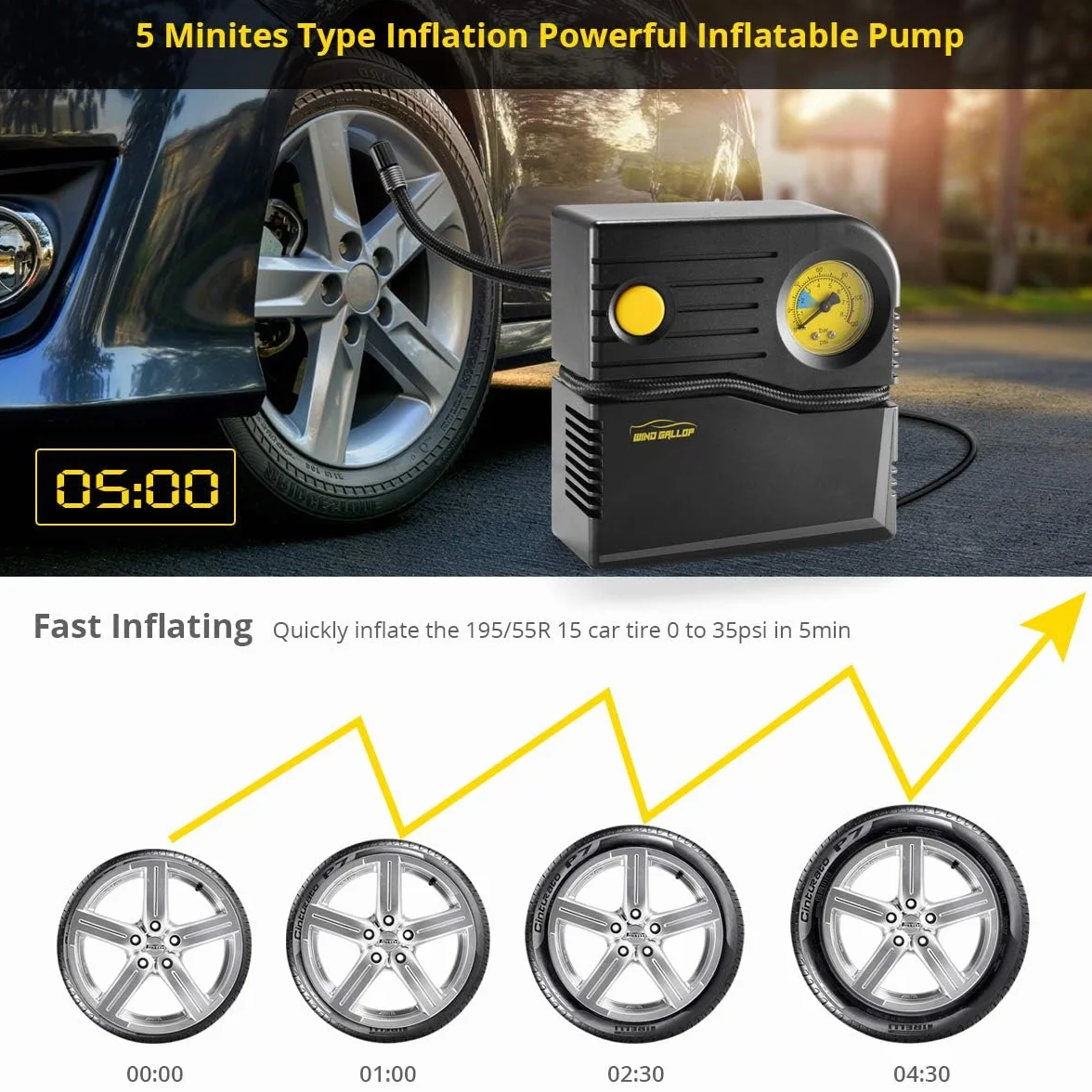 WindGallop Mini Compressore Aria Portatile 12V Professionale Gonfiatore Analogico per Pneumatici Auto con Manometro Giallo