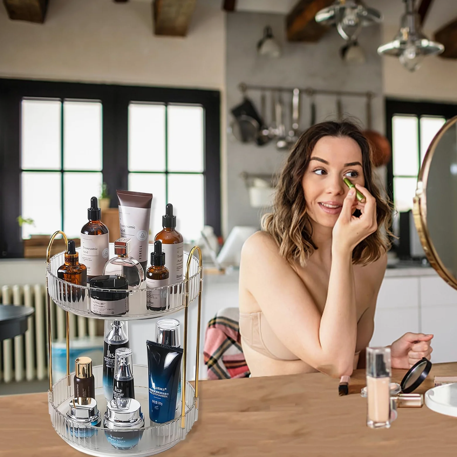 Asayuee Organizzatore per trucchi rotante a 360 gradi, organizer per trucchi a 2 livelli di grande capacità, organizer per cosmetici per la cura della pelle, organizer per cosmetici da bagno