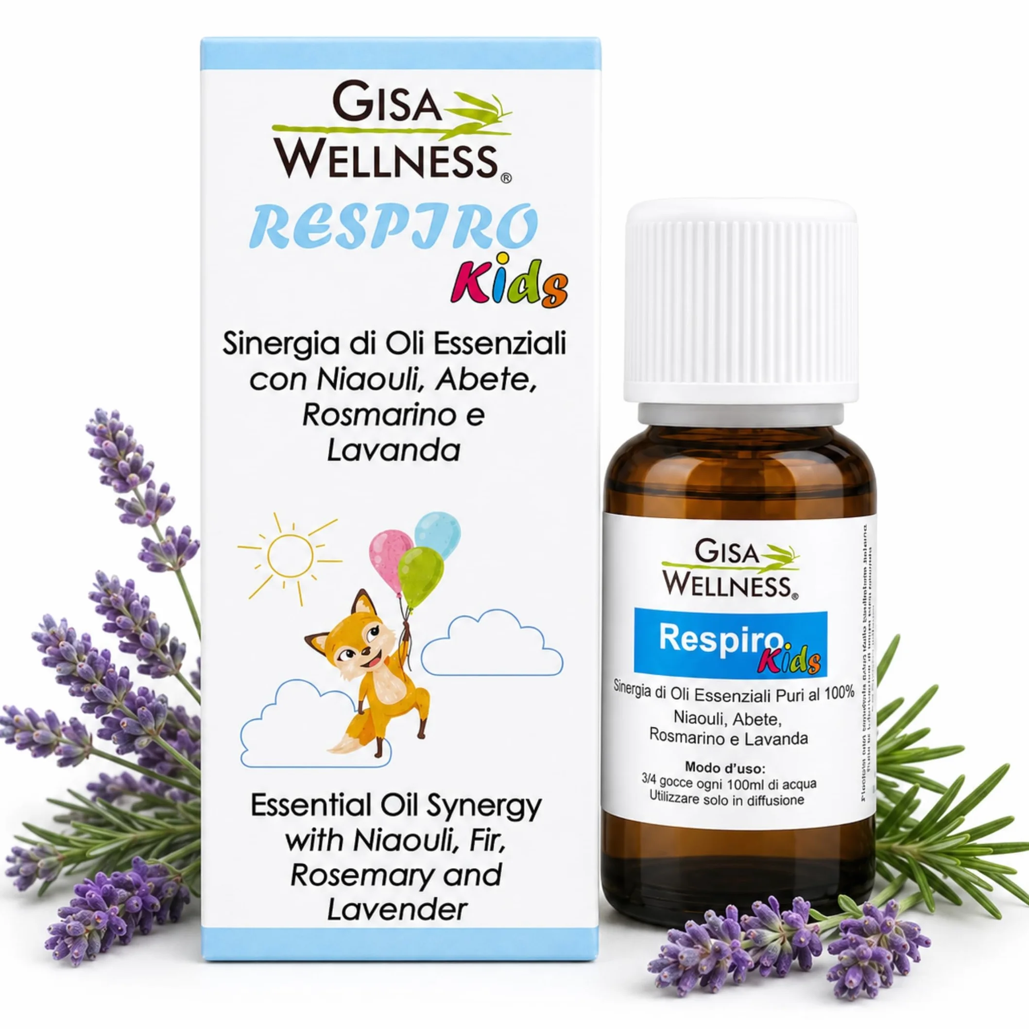 Respiro Kids 15ml, Sinergia di Oli Essenziali Balsamici per Bambini con Niaouli, Abete, Rosmarino e Lavanda, Oli Essenziali Puri per Diffusori, Aromaterapia Compatibile con Polipini Gisa Wellness