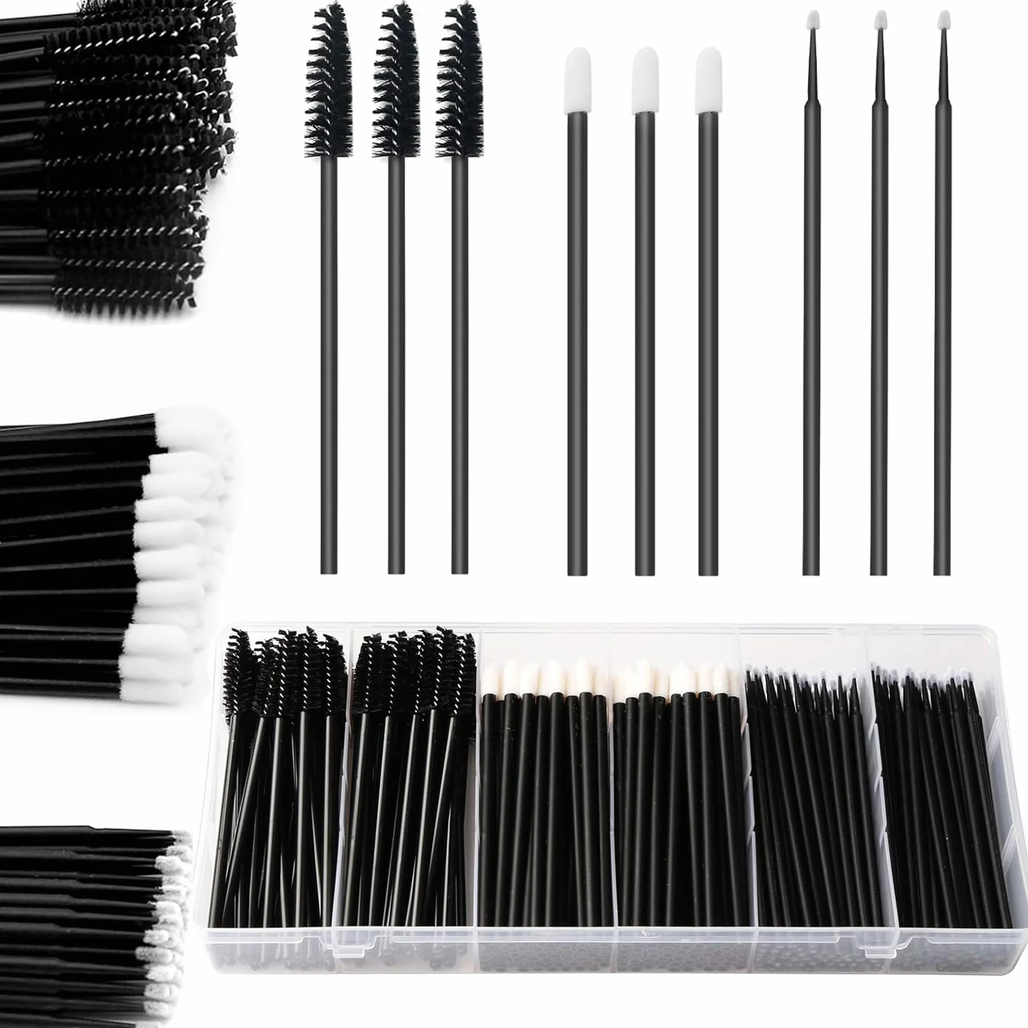 Set di 300 pennelli usa e getta per mascara, applicatori per labbra, 100 micro pennelli + 100 pennelli per ciglia + 100 bacchette per rossetto con scatola organizer nera