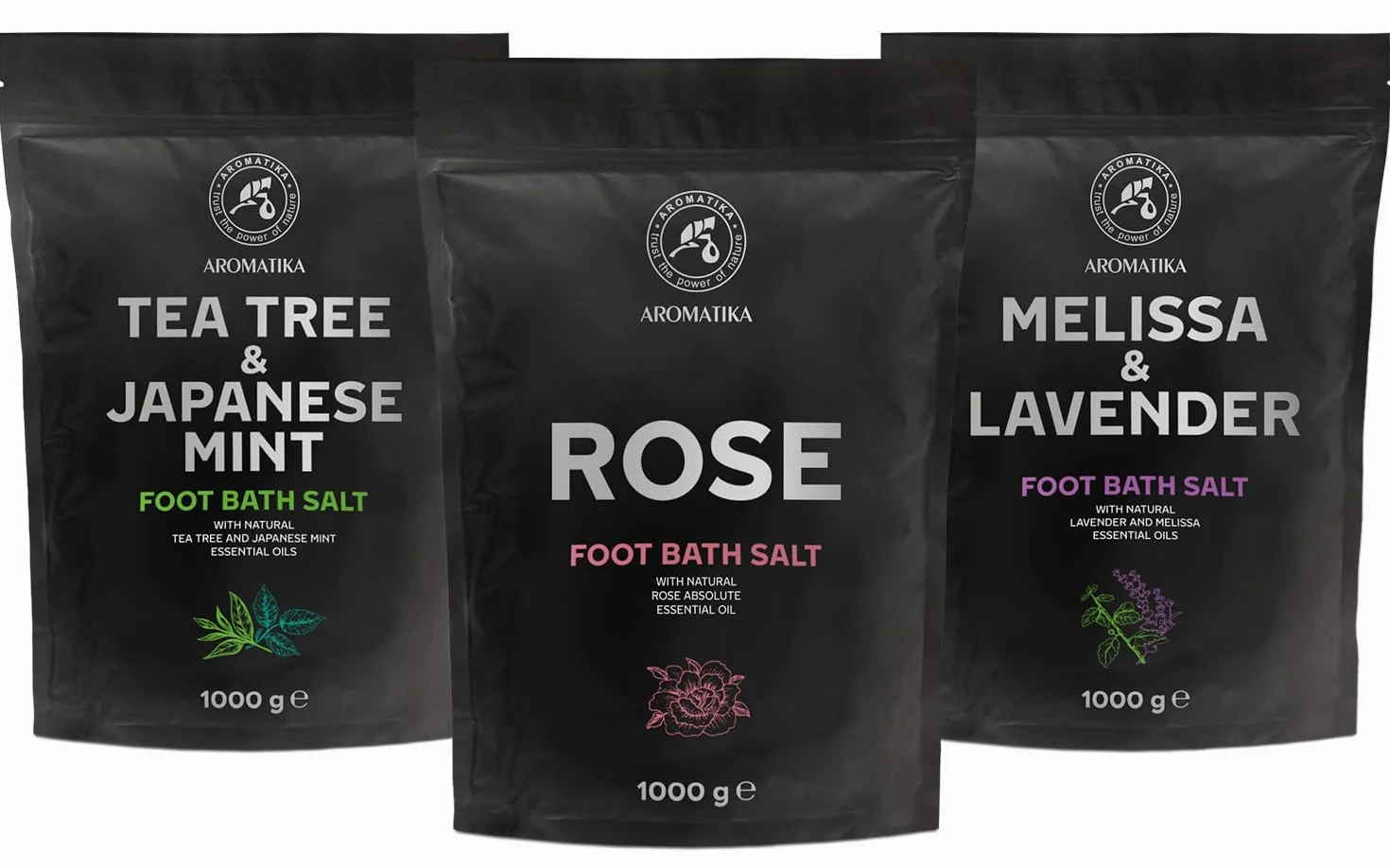Set Sale per Pediluvio Lavanda e Melissa - Menta Piperita e Tè - Rosa 3x1000g - Pediluvio al Sale Marino Naturale - Pediluvio - Unghie - Pedicure - Sali Profumati da Bagno
