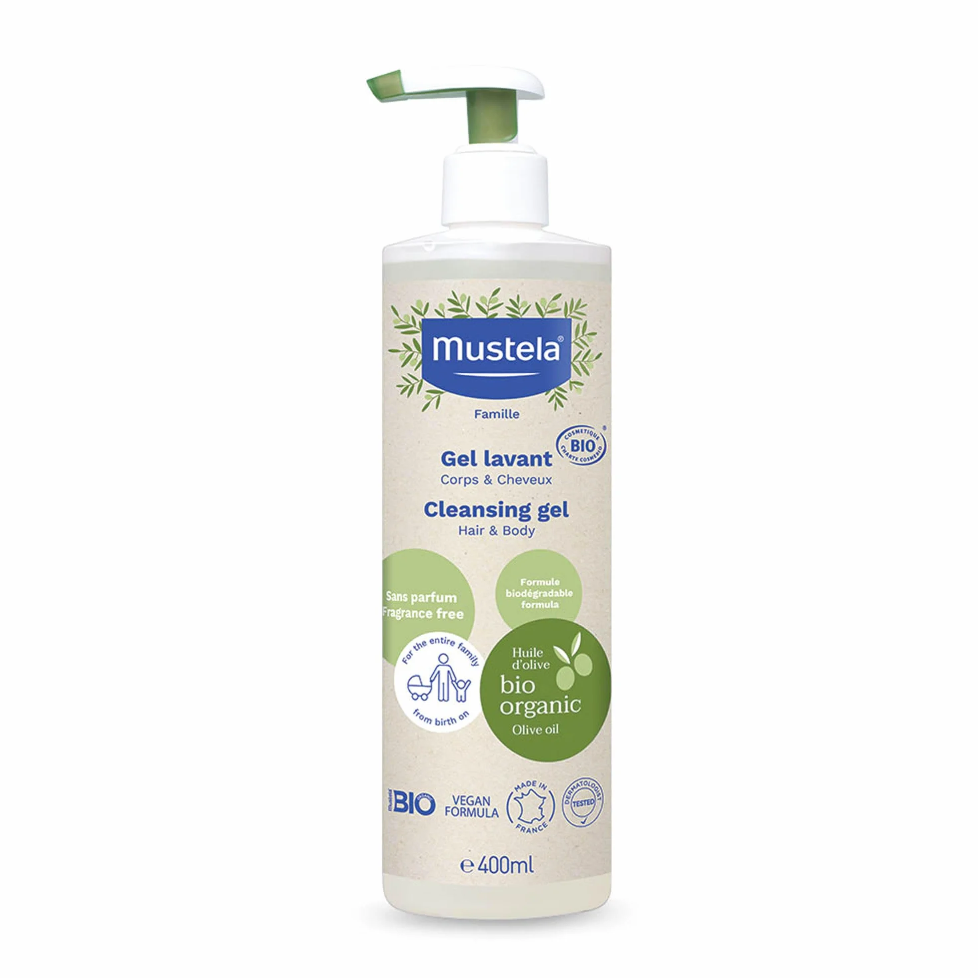 Mustela Gel Detergente Bio Vegano Olio di Oliva Aloe Vera Glicerina Corpo Capelli Neonati 400ml