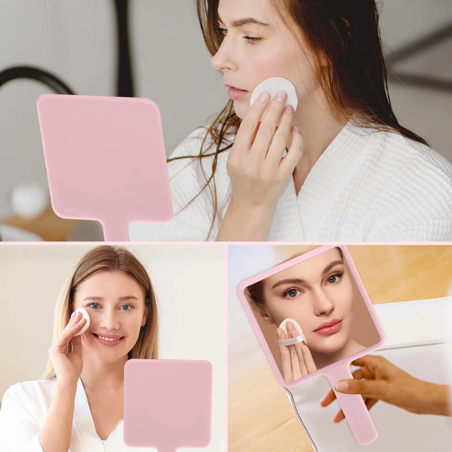 Naapesi Specchio a Mano,Specchio Trucco Portatile con Manico,Specchio Cosmetico Quadrato,Specchietto Dentista,Specchio Barbiere con Comoda Maniglia,Perfetto per Radersi o Applicare il Trucco (Rosa)