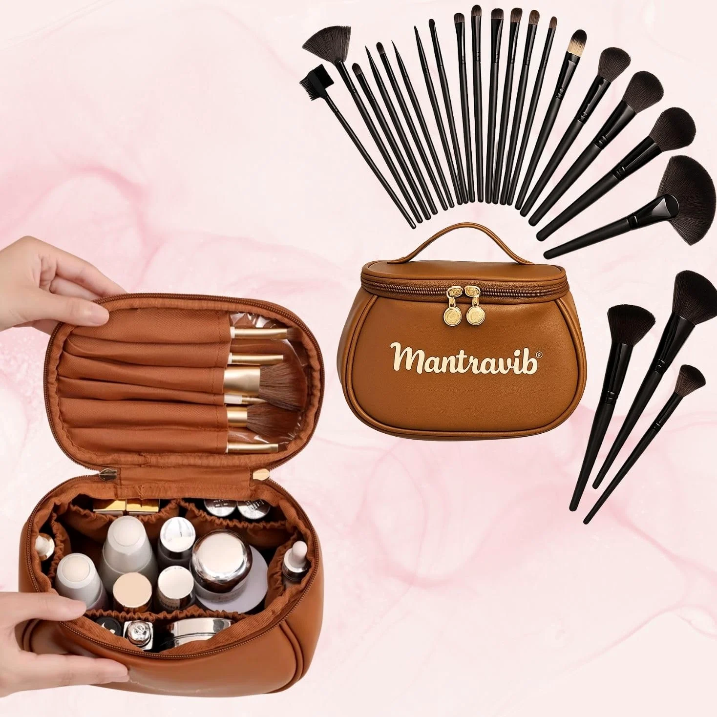 Set di 24 pennelli da trucco professionali con custodia da viaggio in pelle PU di alta qualità, morbide setole vegane, kit di pennelli per trucco viso e occhi, per donne e ragazze, borsa compatta