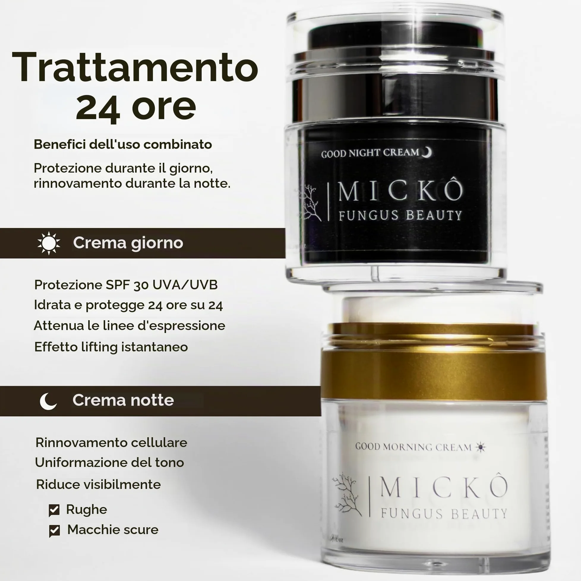 MICKÔ Set Creme Viso Donna e Uomo, Crema Giorno Idratante con Niacinamide, Bakuchiol e Vitamina C, SPF30, Crema Giorno Antirughe Coreana, Crema Notte al Retinolo per Macchie, Confezione 50ml