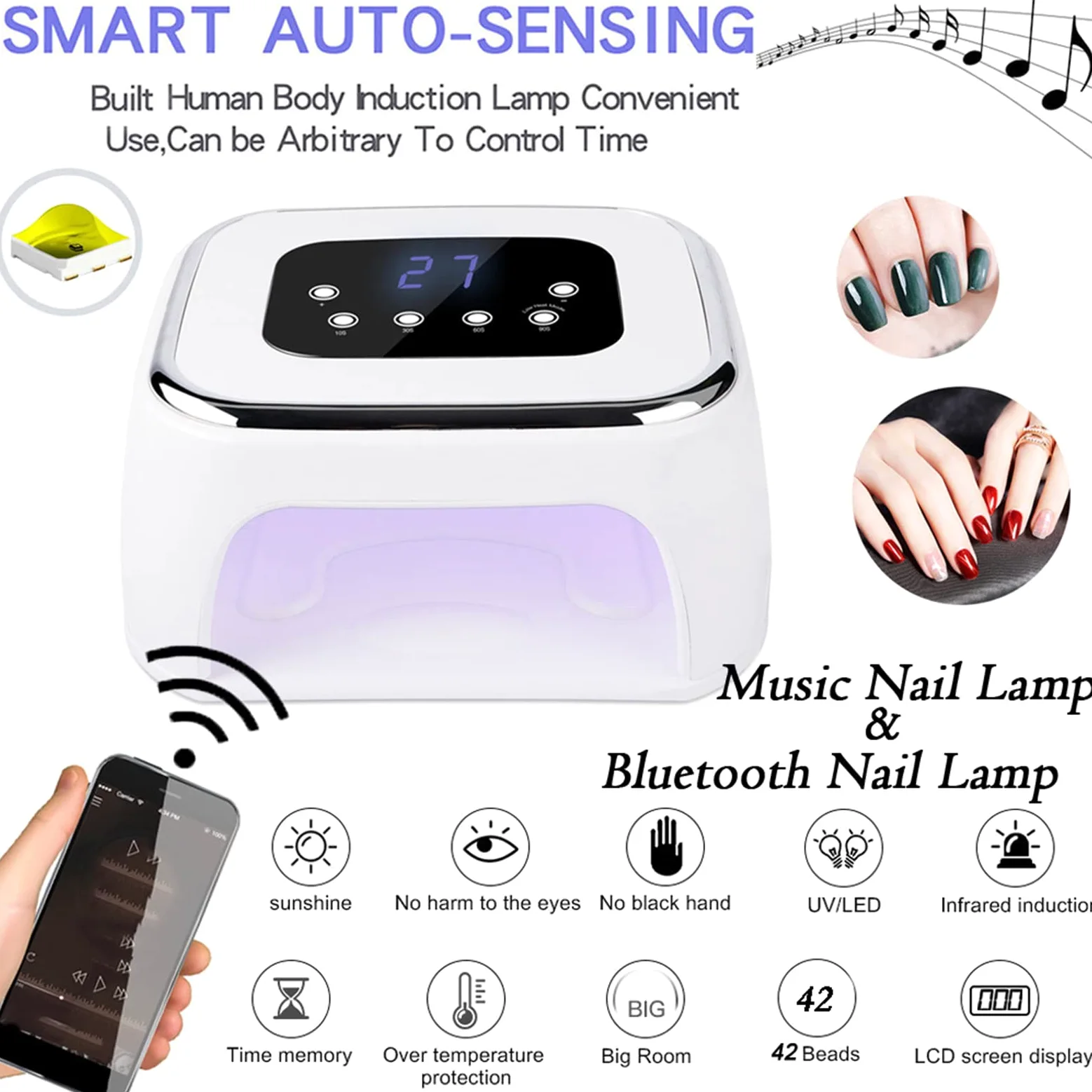 Asciuga unghie Altoparlante Bluetooth Lampada per unghie Gel per asciugatura Asciuga smalto per unghie Lettore musicale Luce per polimerizzazione per unghie Lampada per unghie LED Timer
