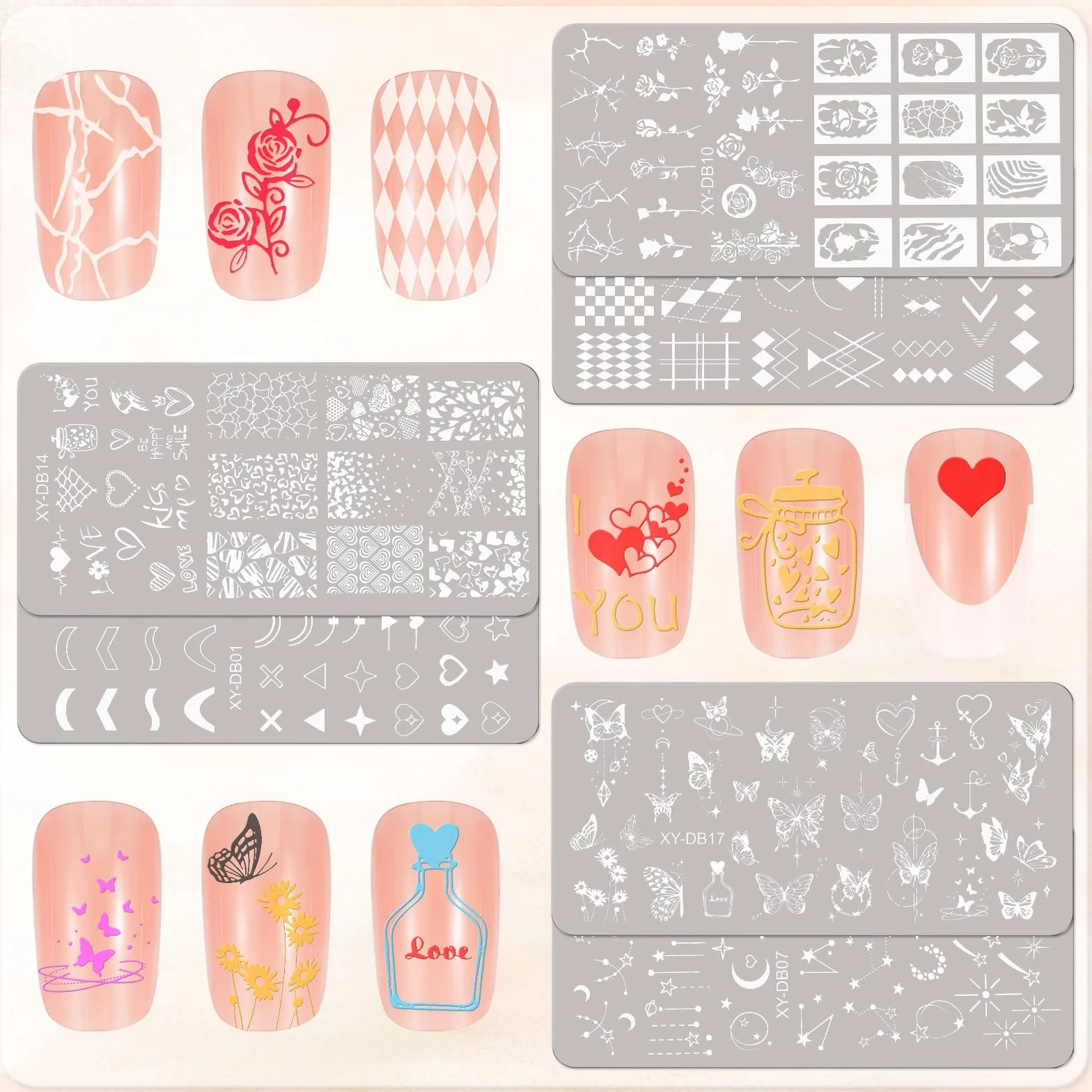MWOOT 6 PCS Stamping Nail Art, Linee Geometria Fiore Cuore Farfalla Stencil Unghie Nail Art, Unghie Piastre French Manicure Nail Piastra, Unghie Timbro Scraper Piatti Templates per Decorazione Unghie
