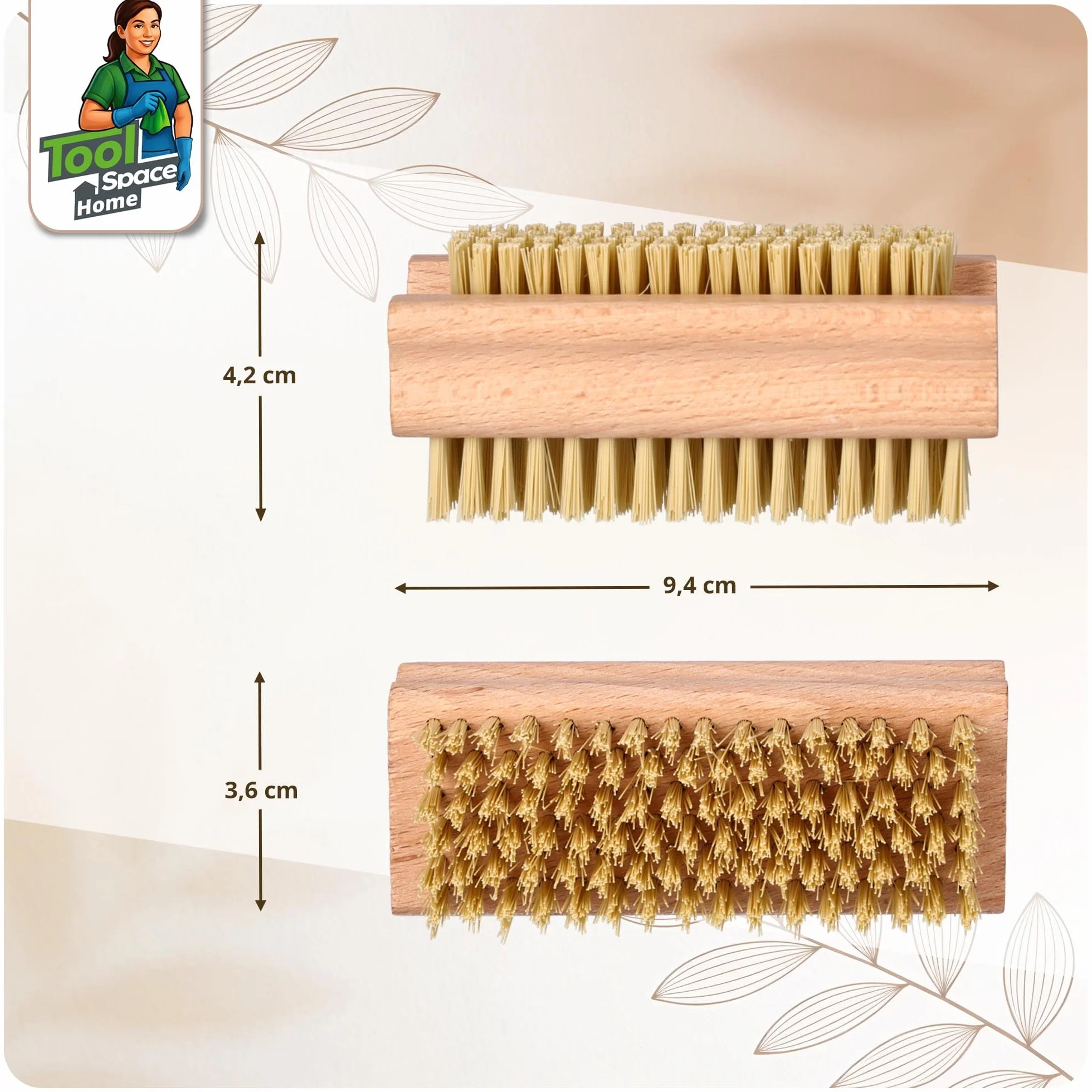 ToolSpace Spazzola per la Mano in Legno Faggio Spazzolina per Pulizia Unghie Mani e Piedi Setole Naturale Manicure Pedicure