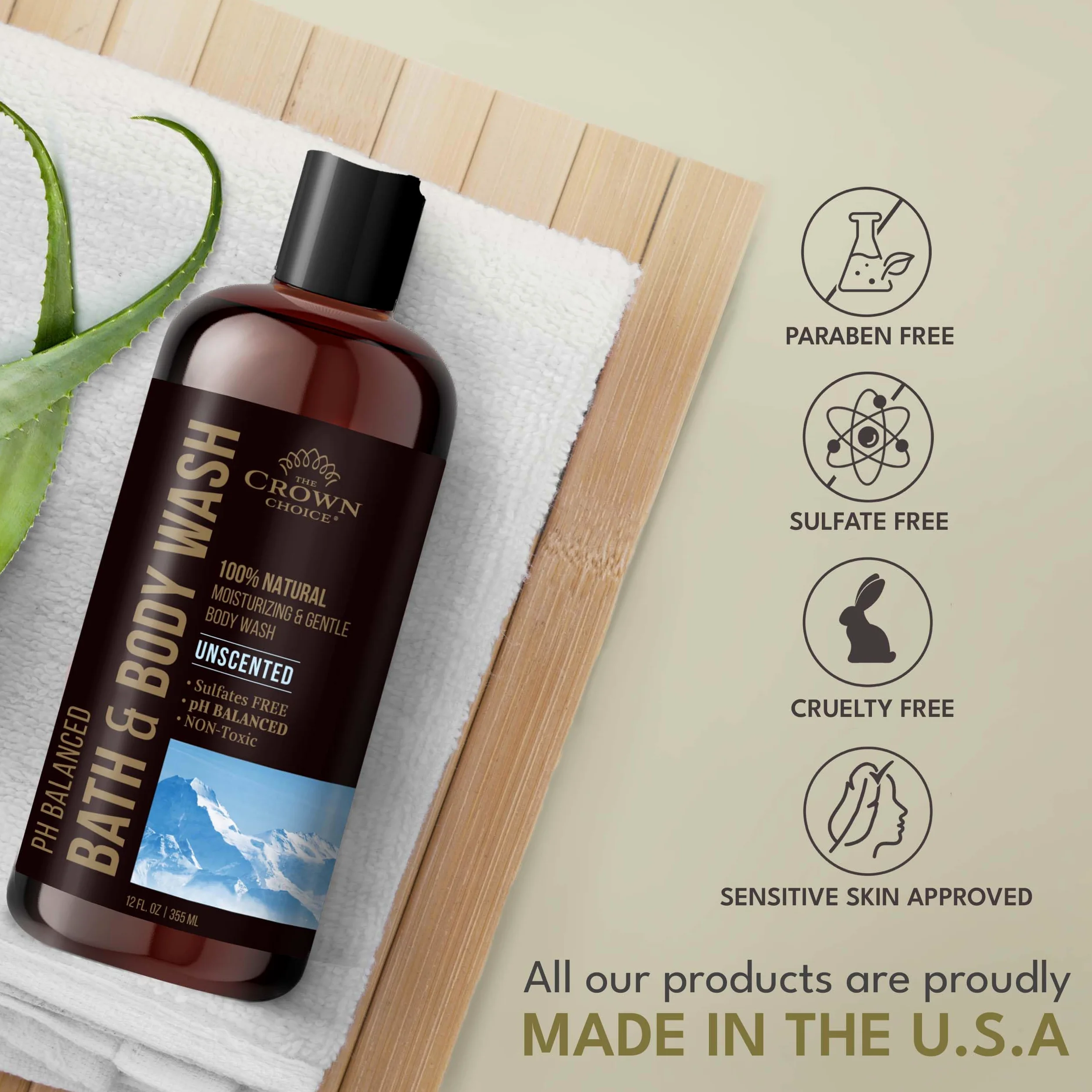 The Crown Choice - Bagnoschiuma naturale per donne, uomini e bambini - Bagnoschiuma senza profumo - 340 ml pH 5,5 - Miglior equilibrio del pH - Liq