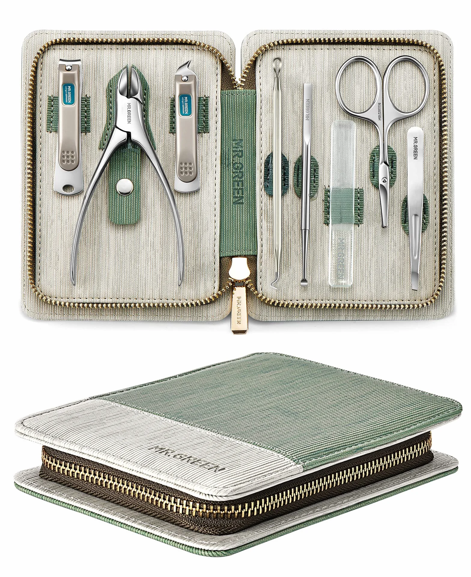 Manicure Set 8 in 1, Professional Pedicurekit, Stainless Steel Nail Care Tools, Portable Travel Grooming Kit with Leather Case (green)