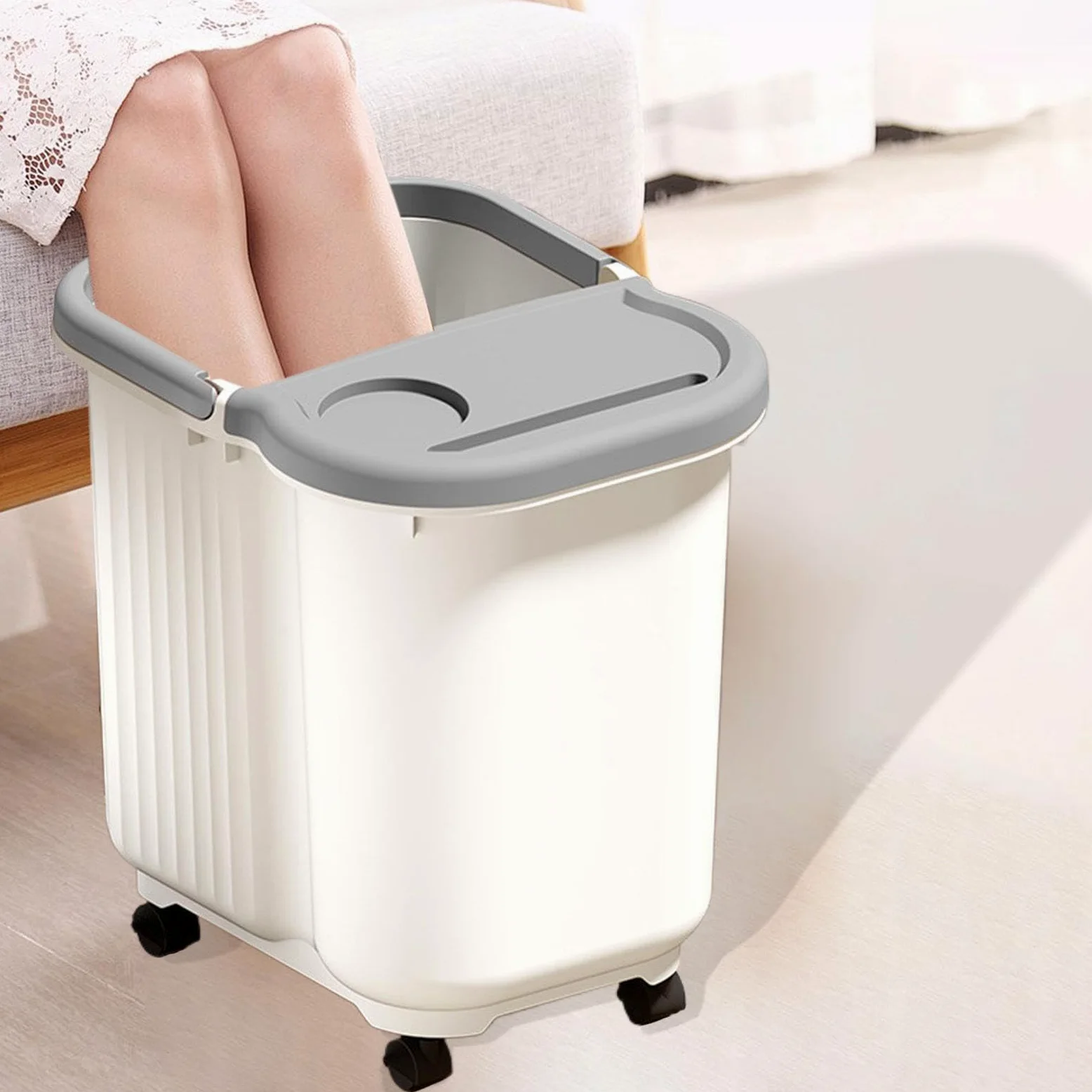 Vaschetta per Pedicure con Vaschetta Grande, Punti Massaggianti per I Piedi, in Materiale PP con Manico Antiscivolo, Adatta per Uso Domestico Fa, Bianco Grigio, L with Wheels