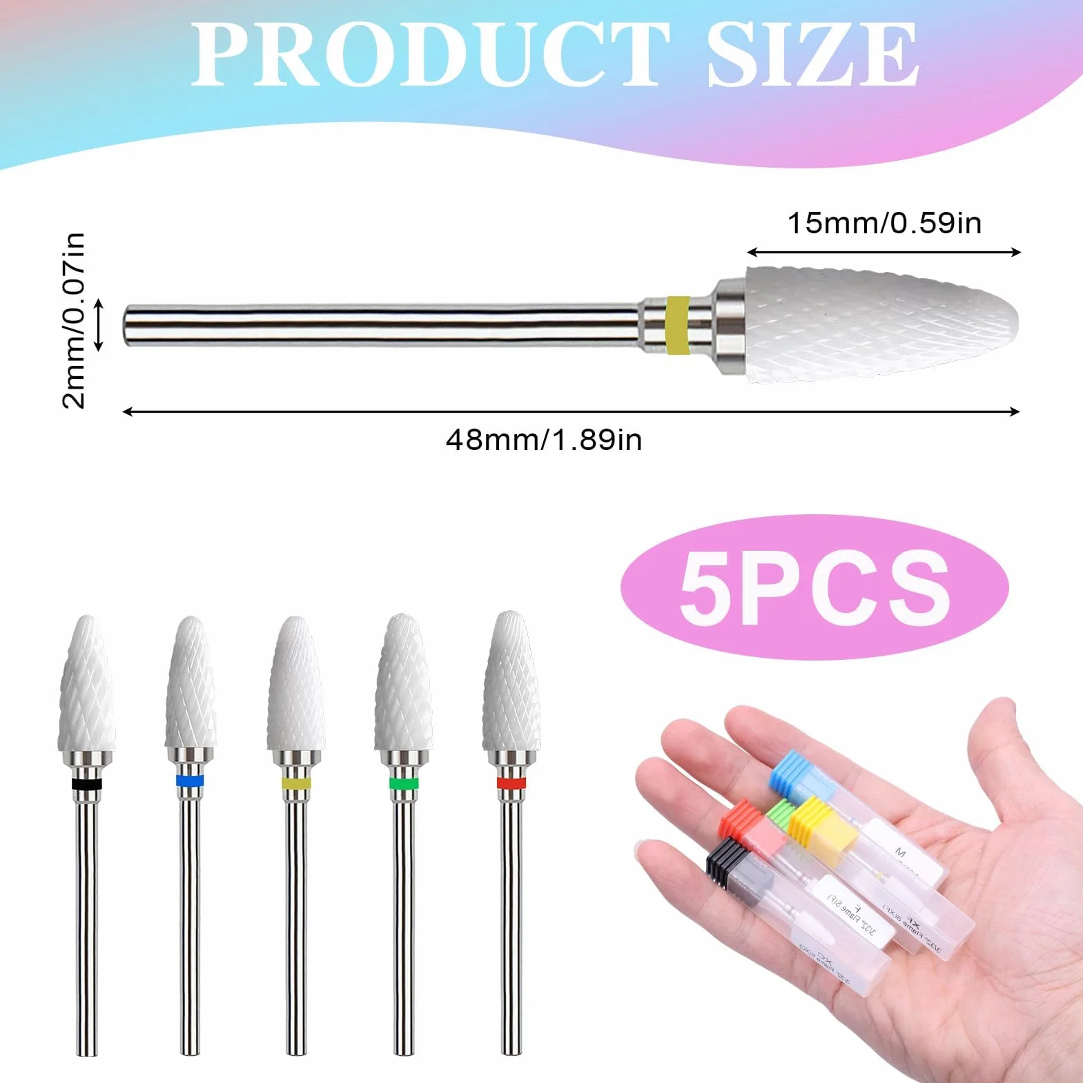 Set di Punte per Unghie in Ceramica Professionale 3/32'' Forma di Mais per Lucidatura Acrilico e Gel Kit 5 Pezzi