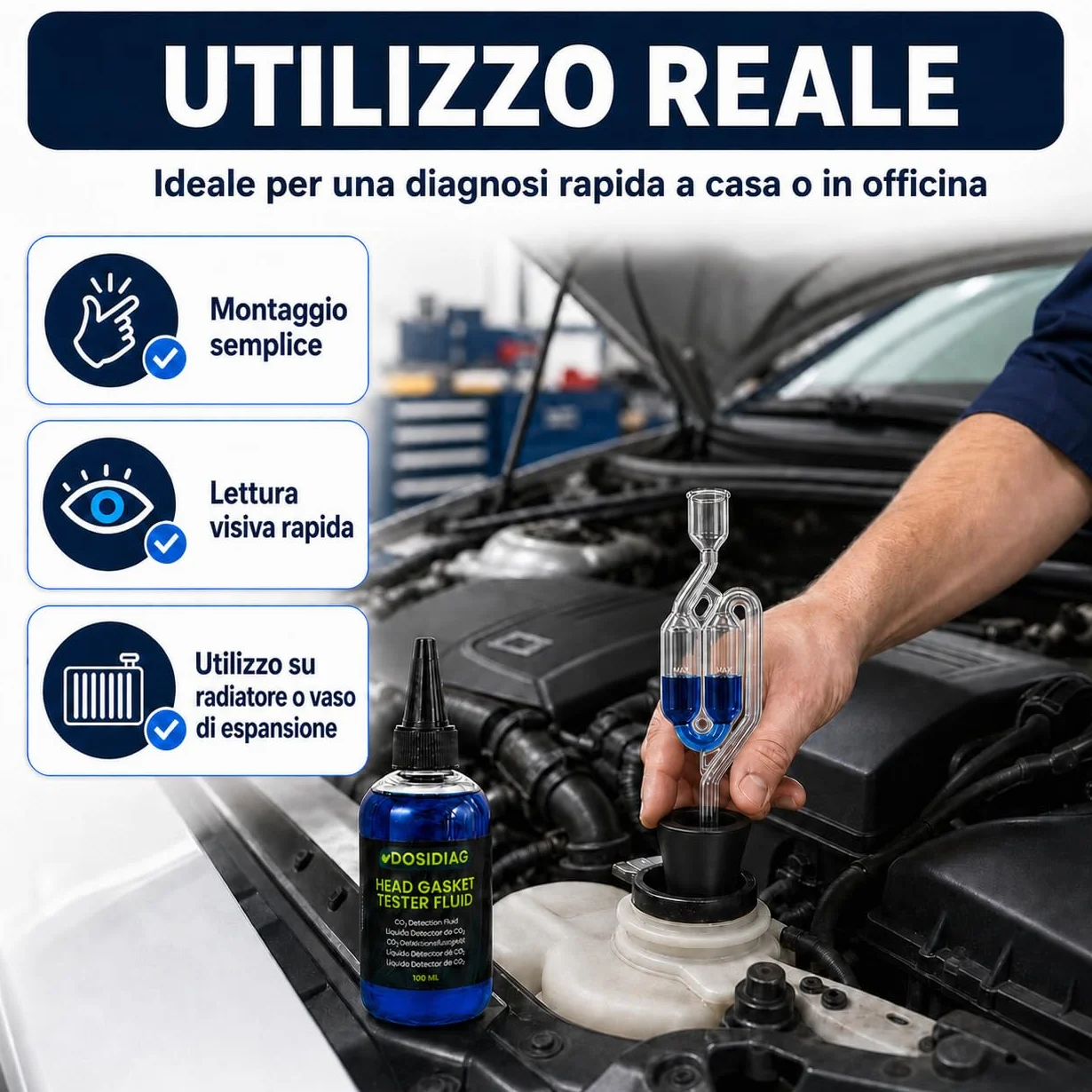 Tester per Guarnizione Testa Cilindrica 50 Test Rilevatore Perdite CO₂ Benzina Diesel Kit Universale Liquido Reattivo Blu