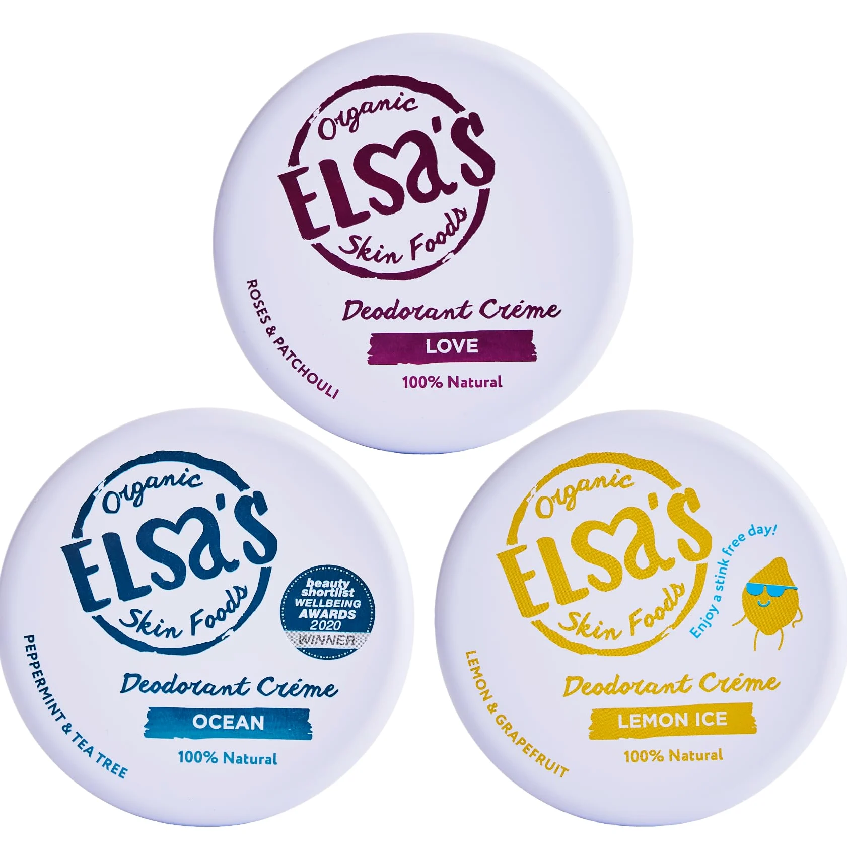 Elsa's Organic Skin Foods, Creme deodoranti naturali, confezione da 3, oceano, amore, limone ghiaccio, senza alluminio, senza bicarbonato di sodio, protezione 24 ore, senza plastica, deodorante per