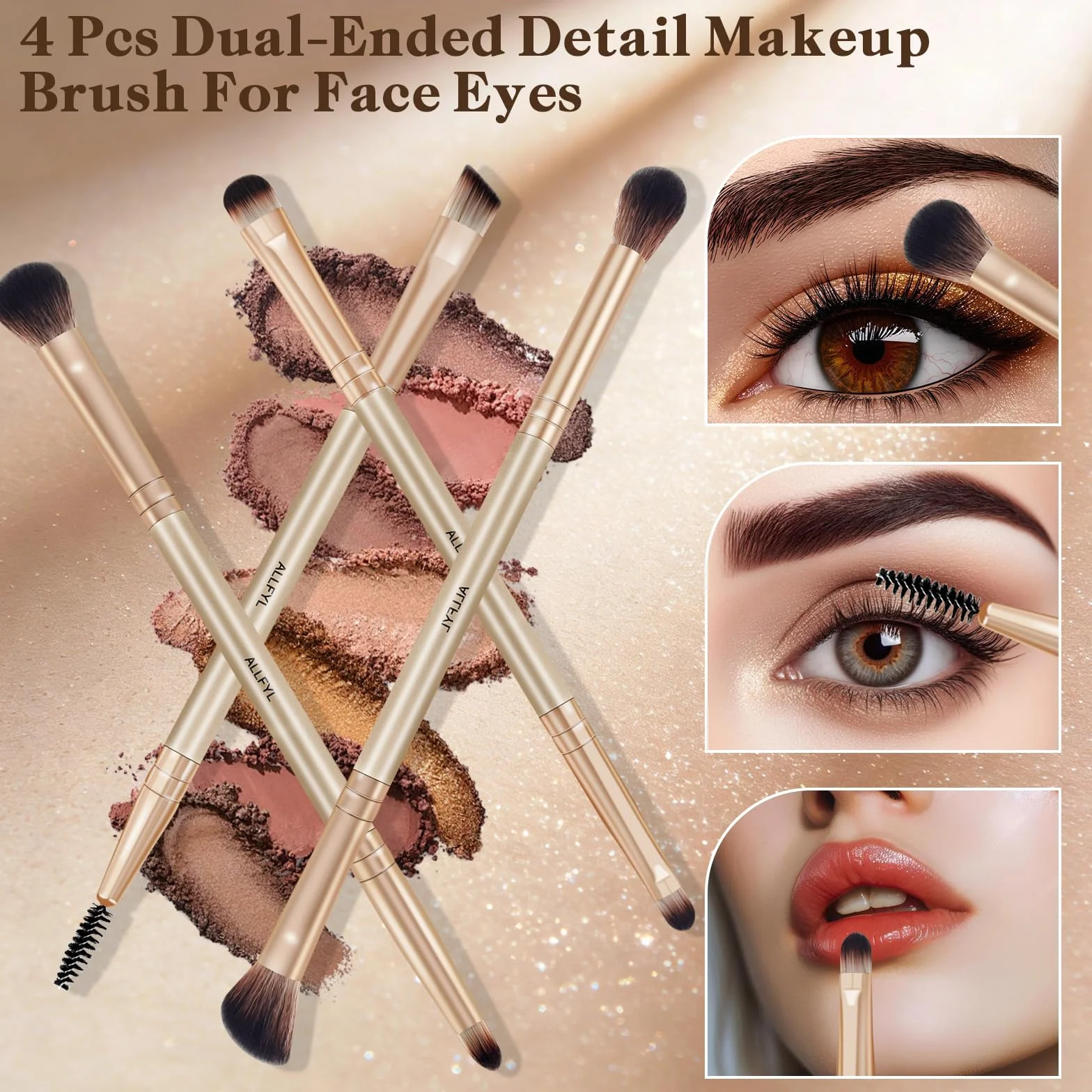 Set 6 Pennelli Doppi Trucco Professionali, Champagne, Pennello Fondotinta incluso, Pennelli Make Up per Viso Contour Occhi Labbra, Confezione Regalo da Viaggio per Donne