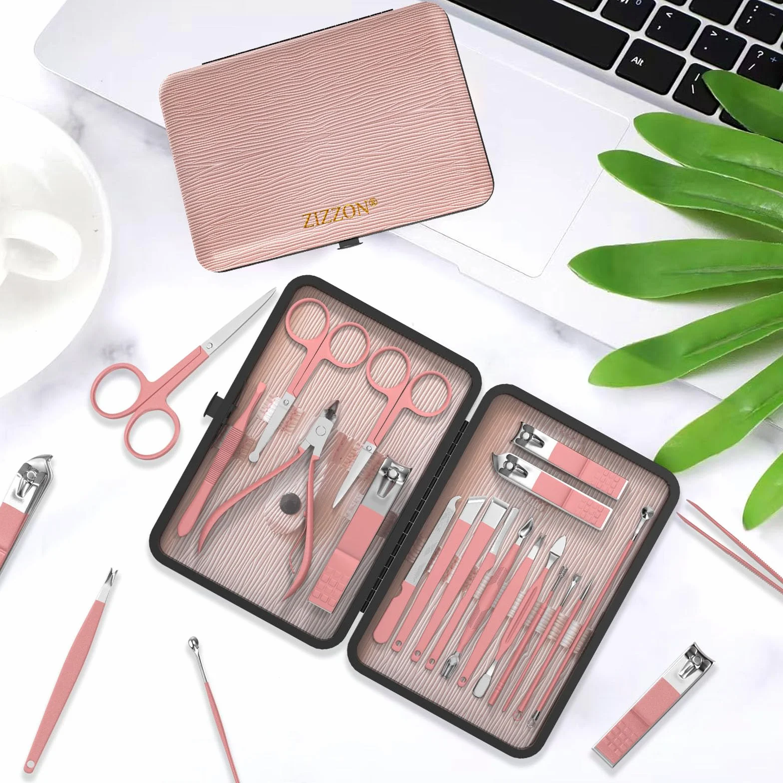 ZIZZON zestaw do manicure 18 w 1 profesjonalny do pedicure z etui podróżnym różowy